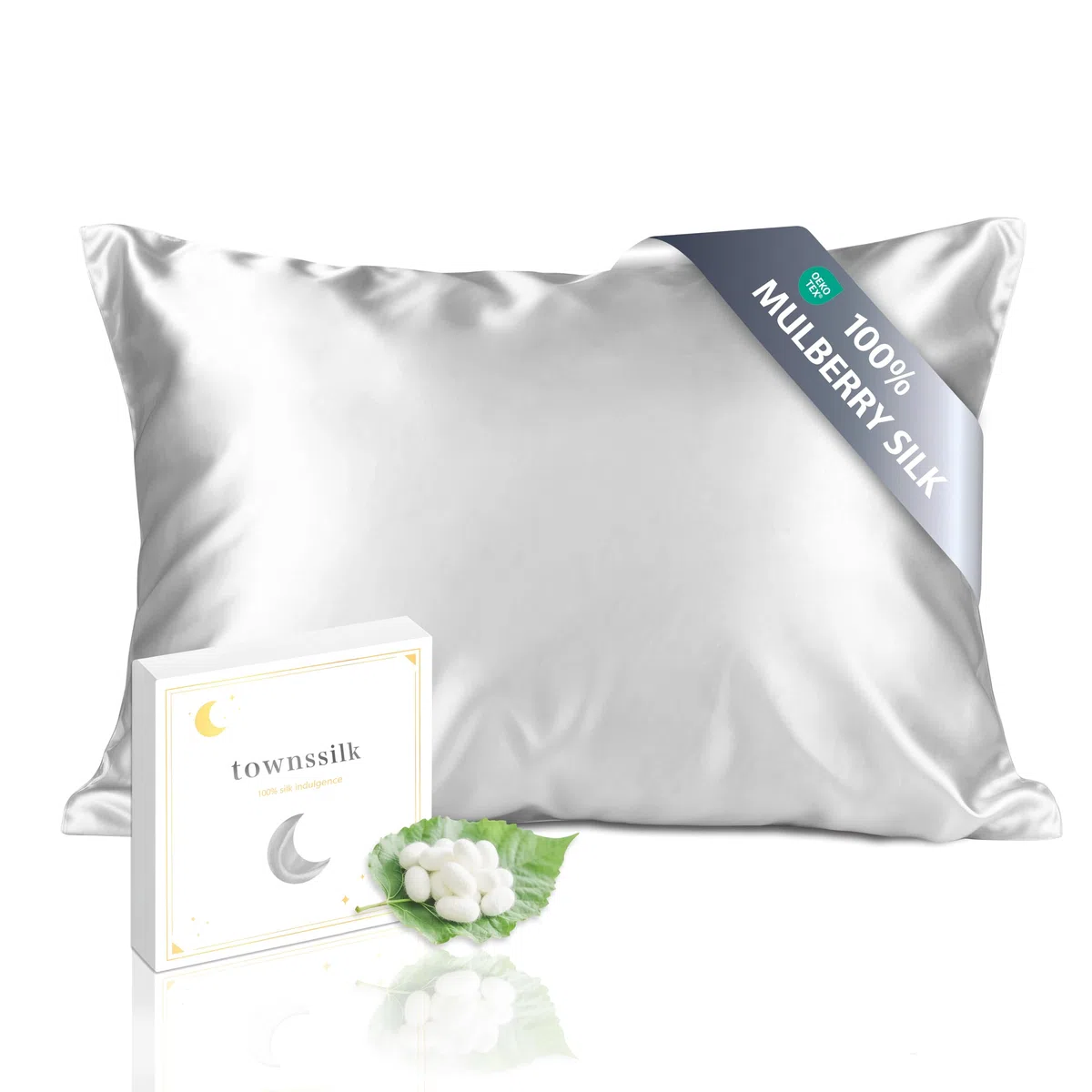 townssilk Funda de almohada de 100 % seda de morera pura de 19 mommes, cuida del cabello y la piel, 40 x 70 cm, con cremallera oculta, 600 hilos, plata
