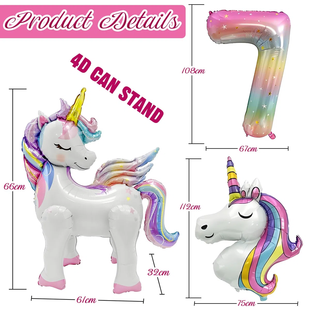Decoracion Cumpleaños Unicornio Niña 7 Años, 3D Globo de Cumpleaños Unicornio Infantil Decoraciones Tartas y Bandera (Kit Unicornios para Niñas 7 Años)