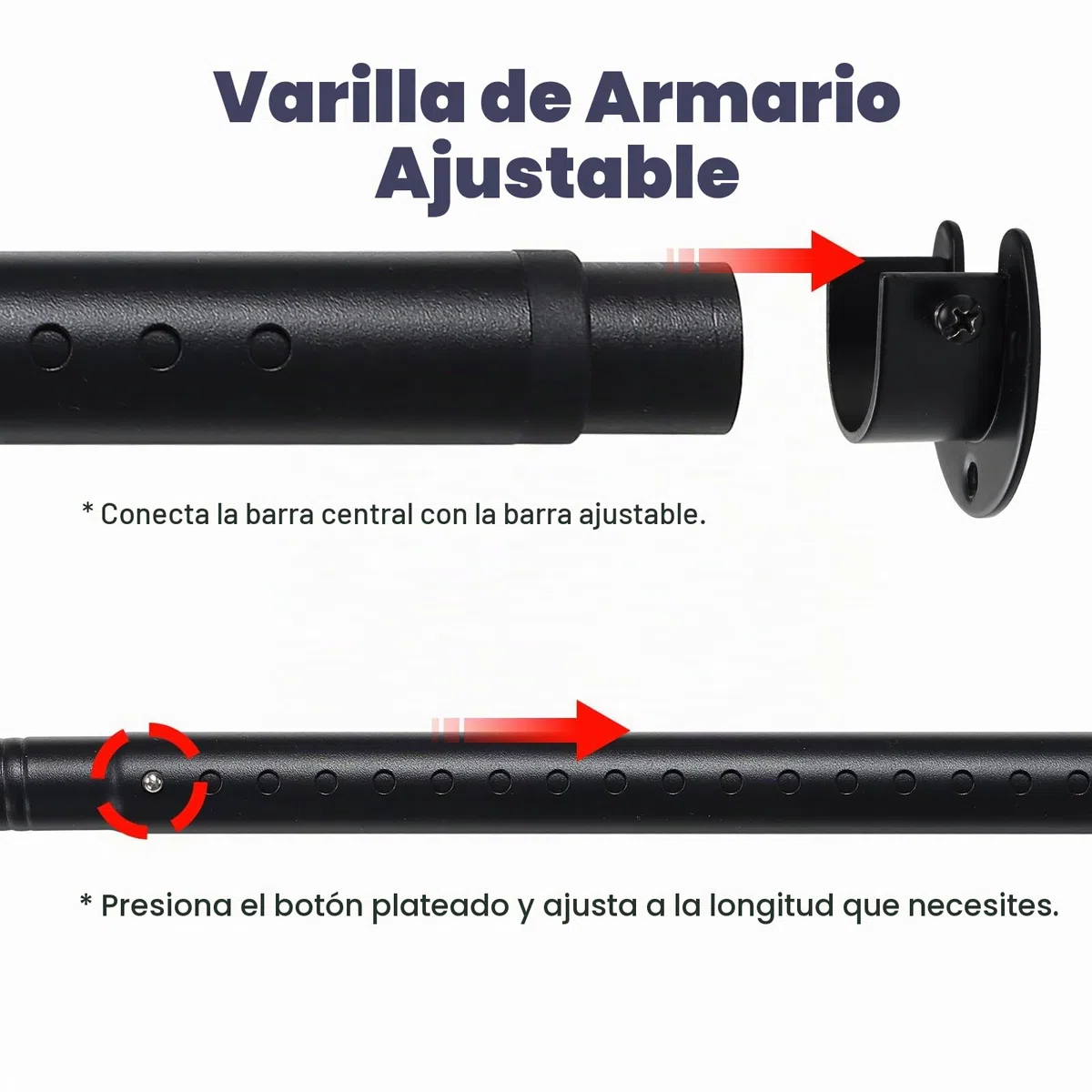 Barras de armario para colgar ropa, barra de metal ajustable de 40 a 212cm, barra de armario extensible resistente, barra retráctil de 1.1 pulgadas de diámetro para armarios, lavandería, RV, color