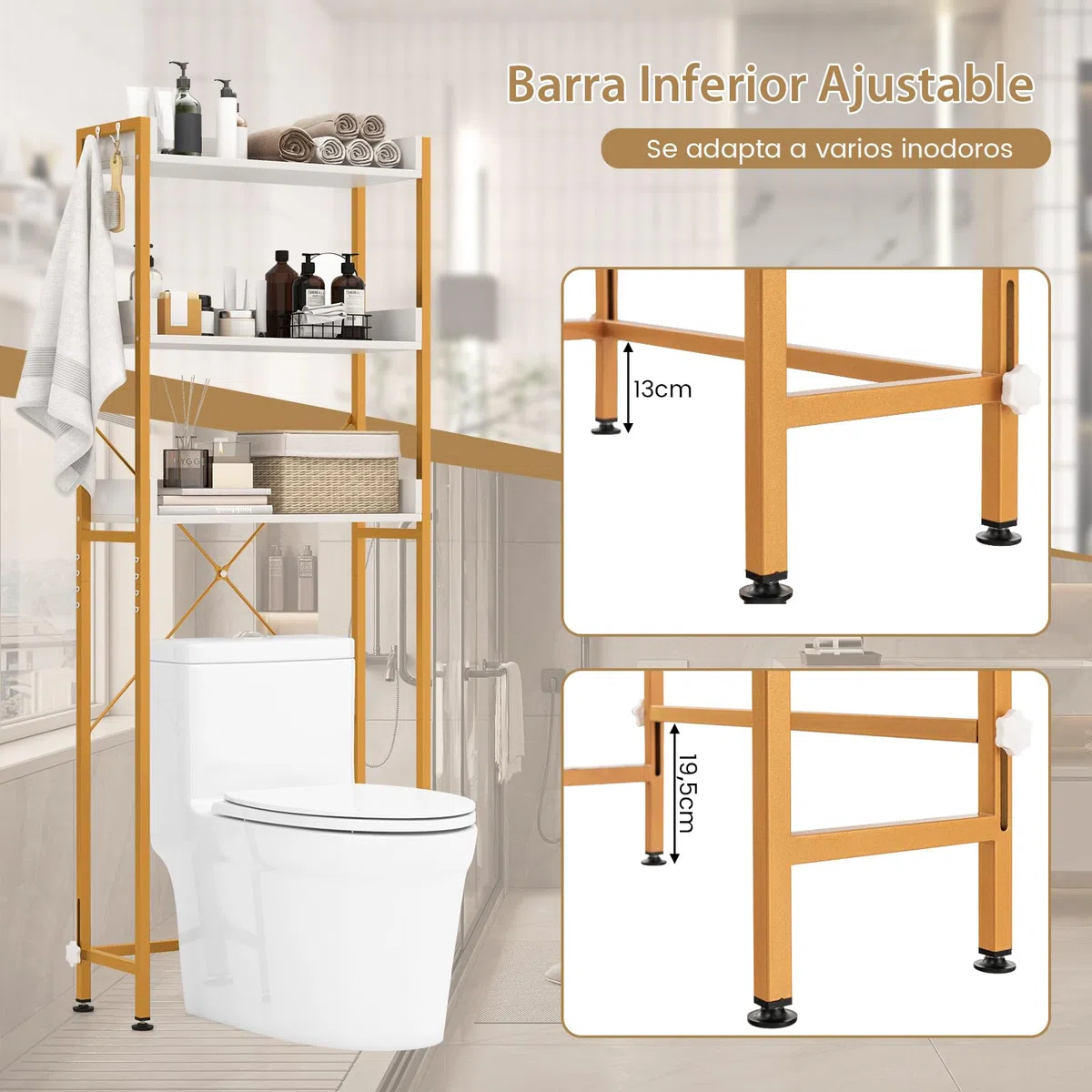 COSTWAY Estanteria sobre Inodoro WC, Estantería de Almacenamiento de 3 Niveles para Baño con 4 Ganchos y Barra Inferior Ajustable, Estantería Multiusos para Baño Lavadero (Blanco + Dorado)