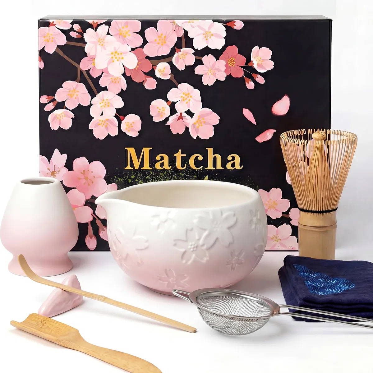 8 piezas Matcha Kit, Kit Té Matcha Con Cuenco Pico Matcha, Batidor Matcha,Cuchara, Tamiz, Soporte para Batidor, Kit Matcha Completo Regalo para Amantes el Matcha, Blanco Rosa
