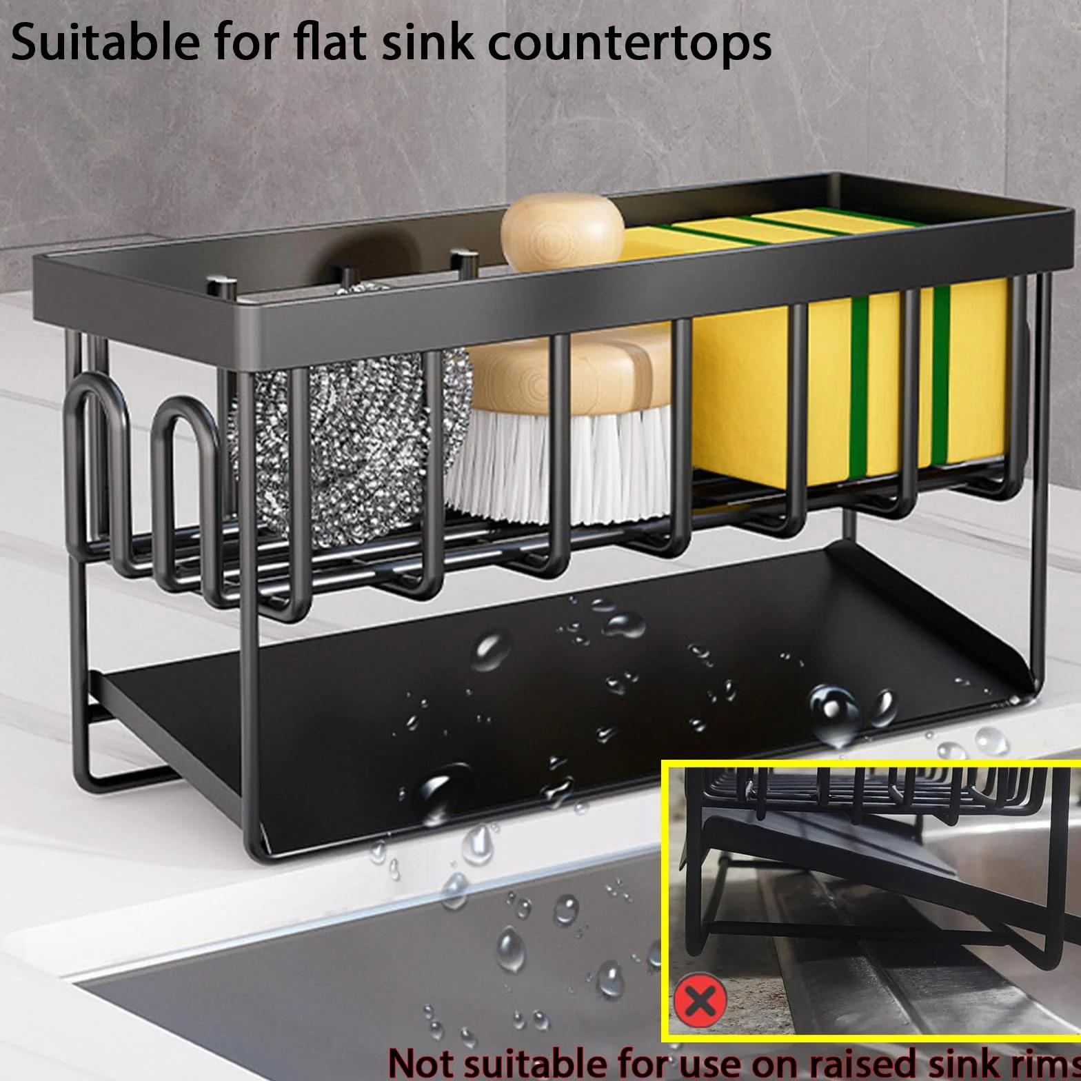Organizador Fregadero Cocina, Organizador de Fregadero con Soporte para Trapo de Cocina & Caja de Almacenamiento, Organizador de Fregadero de Metal con Bandeja de Drenaje Automática (Negro)