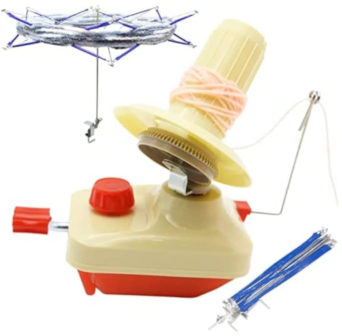 LAMXD Needlecraft - Enrollador de bolas de hilo operado a mano, rojo, paquete portátil, fácil de instalar y usar, resistente con mango de metal y abrazadera de mesa, incluye juego de bobinadora de