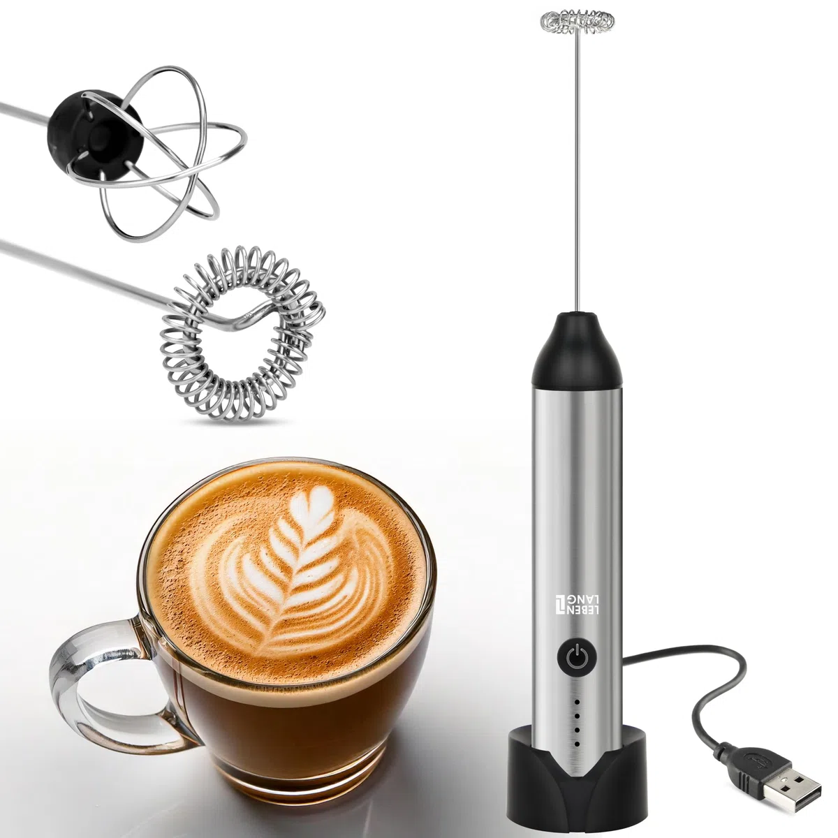 LEBENLANG Espumador de leche electrico recargable - Conexión USB & batidor extra I Milk frother Mini batidora te matcha Barillas batir electrica Agitador de cafe eléctrico Batedor de leite elétrico