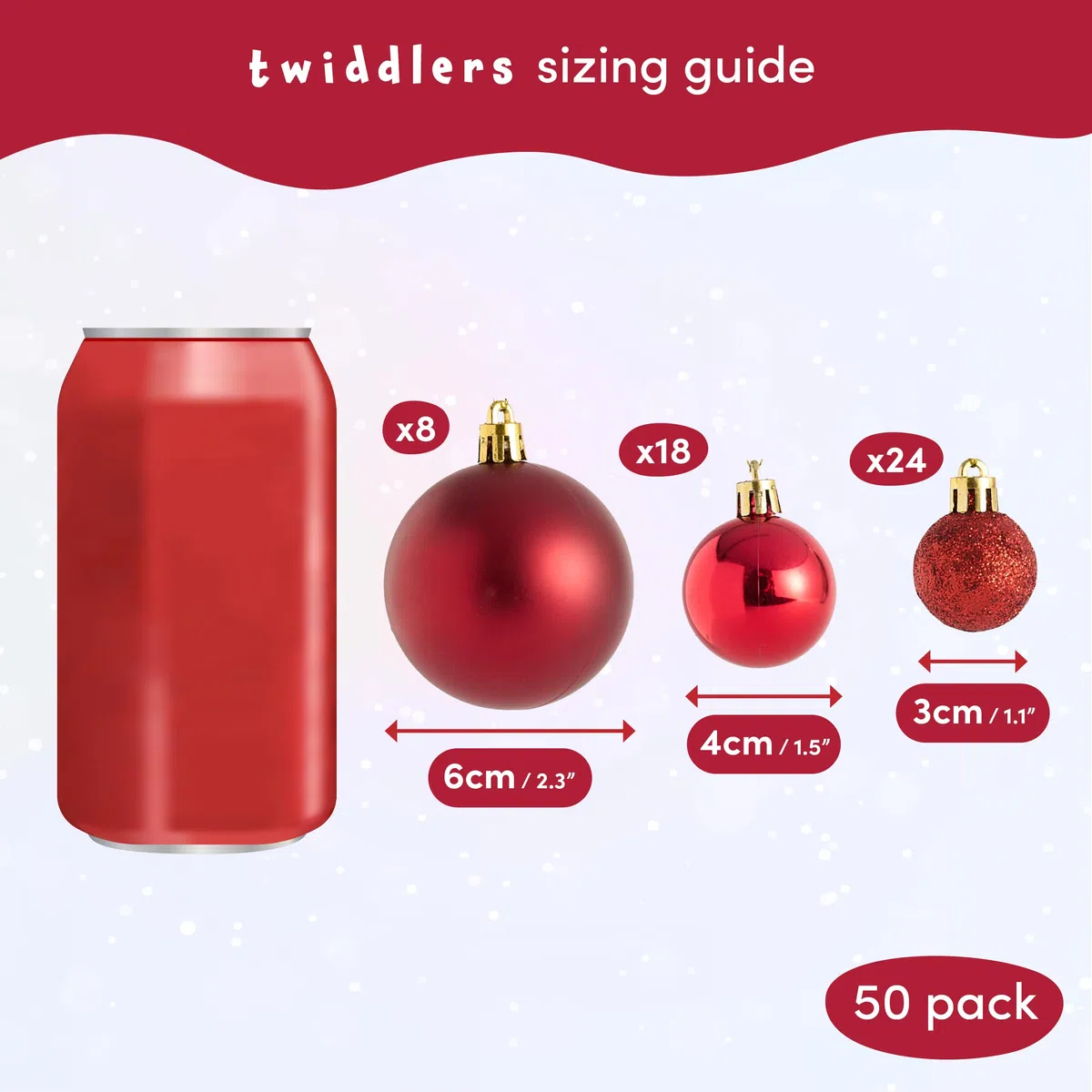 THE TWIDDLERS - Paquete de 50 Bolas de Navidad Rojo Rubí - Tamaños y Acabados Variados - 6cm, 4cm, 3cm - Adornos Mate, Brillantes y con Brillo para Decoraciones de Árbol de Navidad