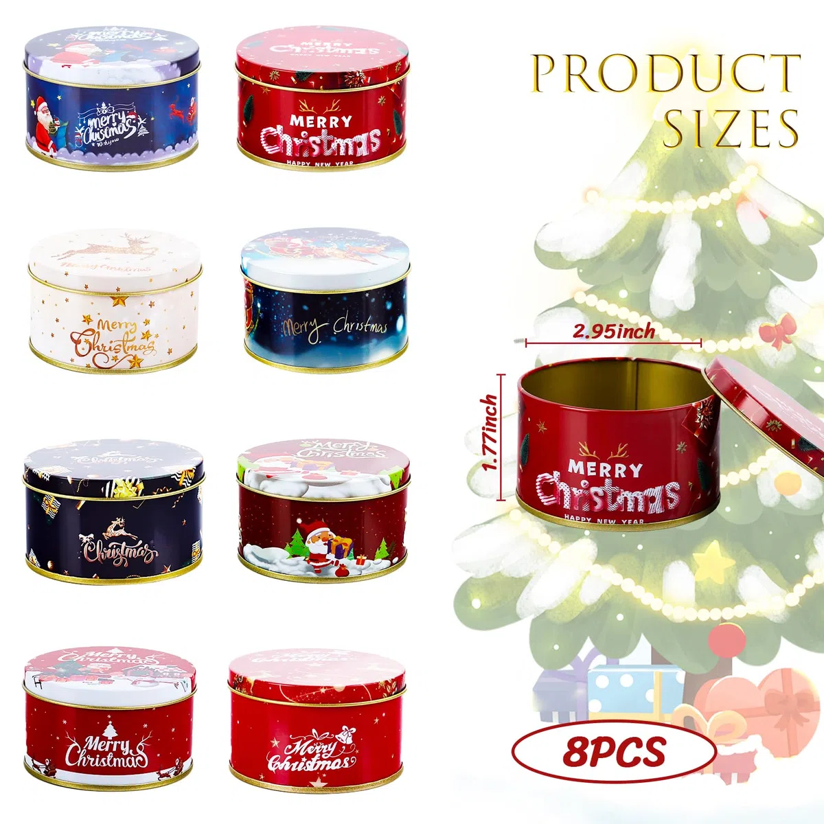 8 cajas de metal con tapa, mini cajas de galletas navideñas, latas de almacenamiento de Navidad, mini latas de metal para dulces y aperitivos