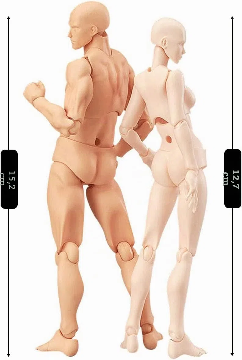 Body Kun - Maniquí articulado con cabeza de bloque, maniquí articulado, juego de figuras para modelo masculino y femenino (color piel)