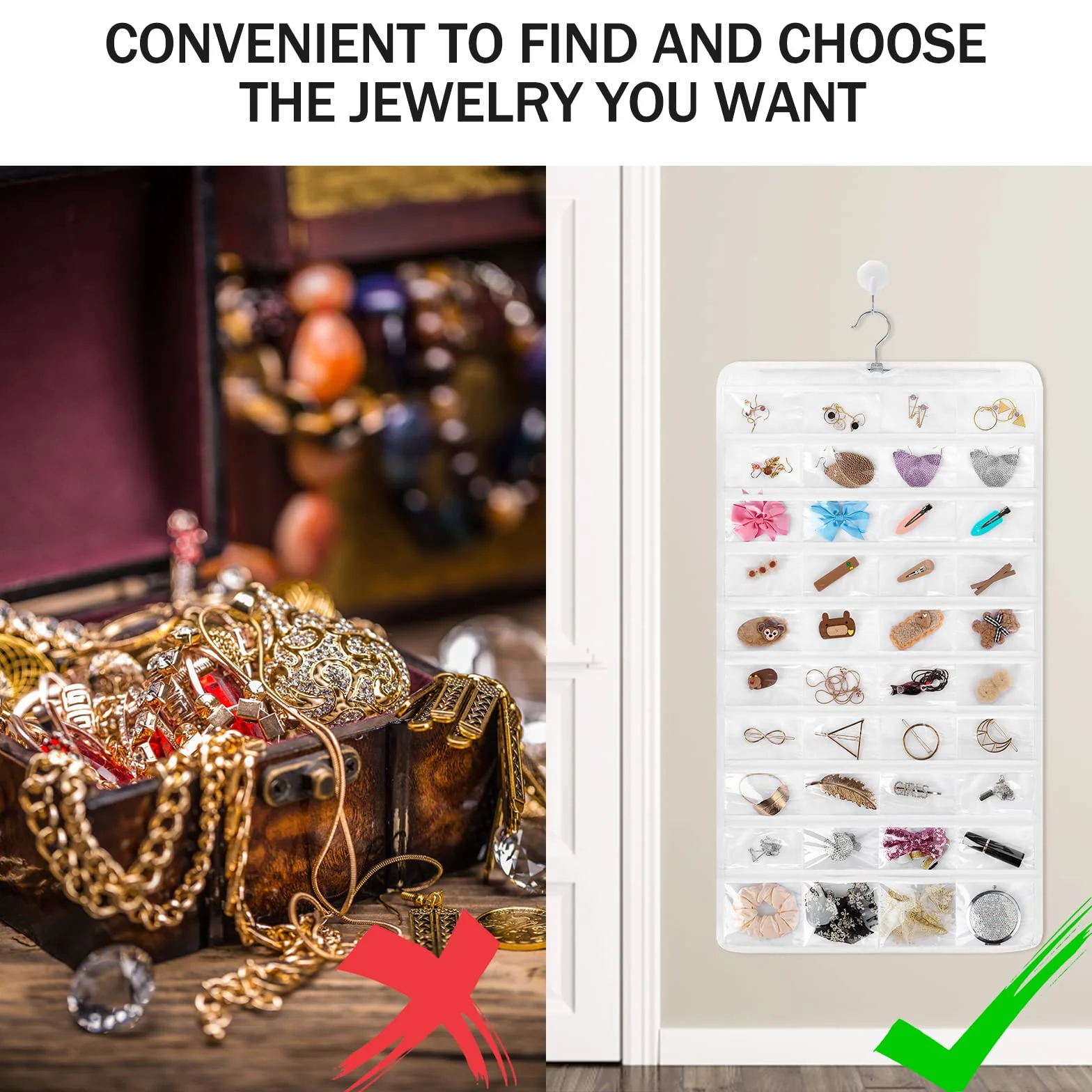 Organizador de Joyas Colgantes Bolsa de Almacenamiento Doble Cara con Gancho para Aretes Collar Pulsera Anillo 80 Bolsillos