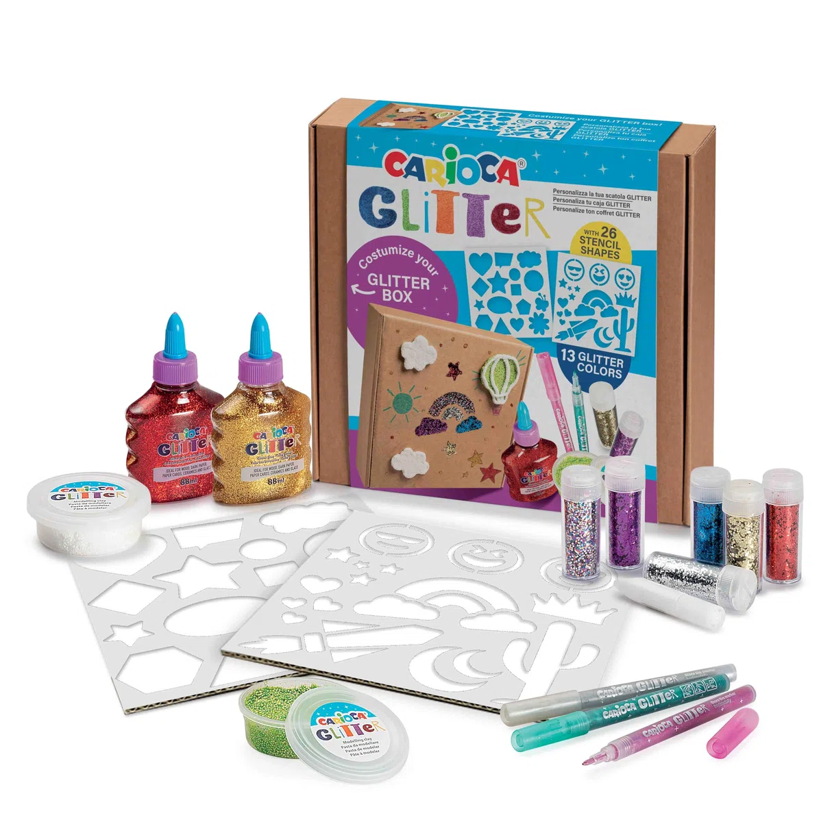 Carioca - Caja Regalo Manualidades Glitter, Set Pinturas Purpurina | Maletín Creativo De 39 Piezas Con Efecto Brillante, Contiene Plantillas Y Pegamento Glitter, Ideal Para Manualidades