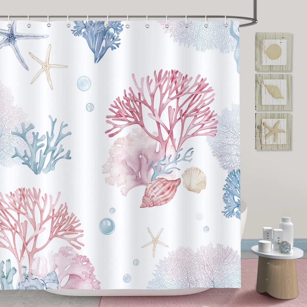 Bonhause Cortina de Ducha Rosa Azul Coral Estrella de Mar Concha Cortina de Baño de Poliéster Impermeable Antimoho Lavable Cortina Ducha 180 x 180 cm con 12 Ganchos