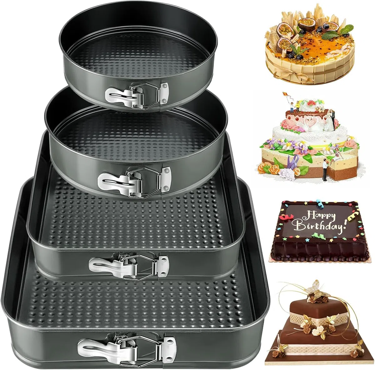 4 Piezas Moldes Reposteria, Desmontable de Molde Bizcocho 16/20cm redondos y 22/26cm cuadrados, Molde Tarta con Revestimiento Antiadherente para Cumpleaños/Bodas/Hogar