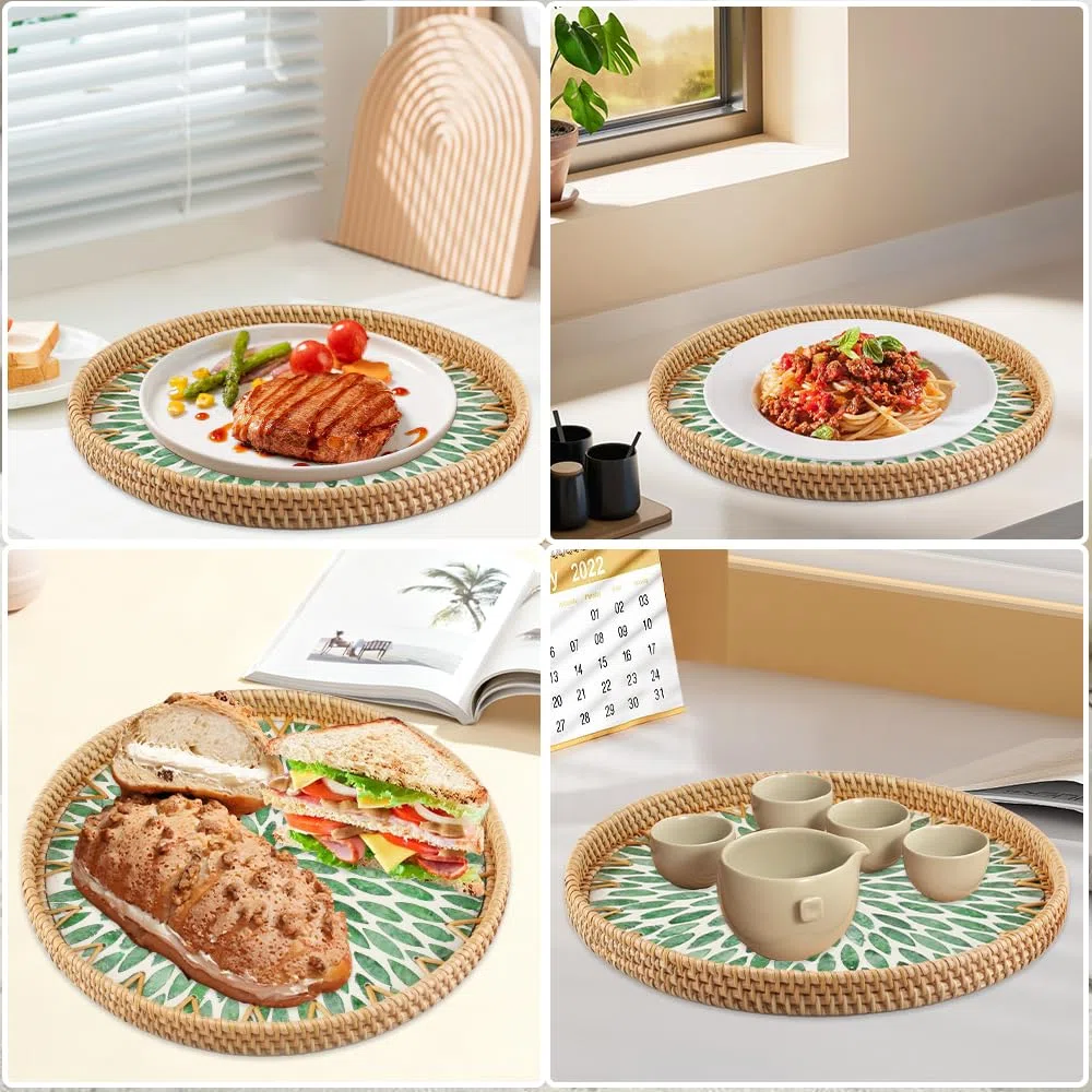 Bandeja Redonda de Ratán para Decoración 30cm Bandeja Decorativa de Ratán Plato Redondo para Centros Decorativos de Mesa, Servir Bebidas, Té, Velas, Joyas