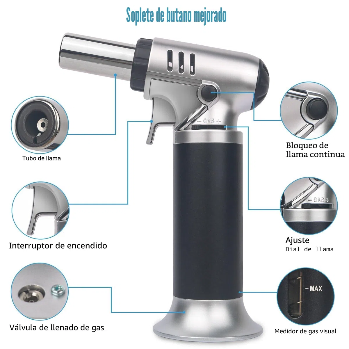 VORHOT Soplete de Cocina, Ajustable y Recargable Soplete Gas con Cerradura de Seguridad, Profesional Antorcha Butano Encendedor para Barbacóa Brulée Crema Cámping DIY(Gas No Incluido)