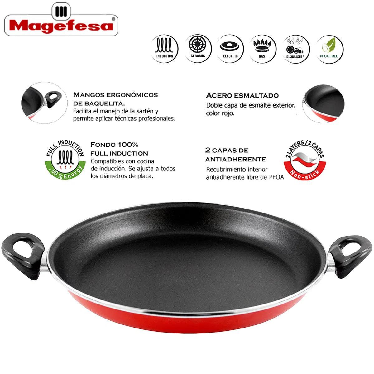MAGEFESA 1112099 Praga paellera, Acero esmaltado vitrificado, Inducción y lavavajillas, Rojo, Diámetro 30