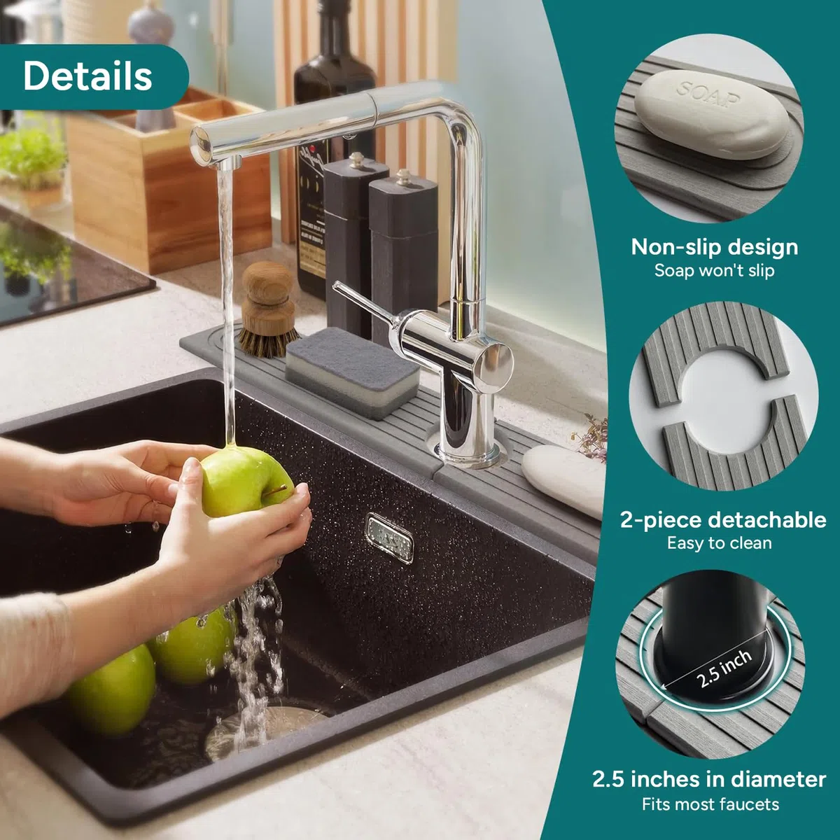 Alfombrilla de Grifo para Fregadero Cocina, 60x10cm Protector Salpicaduras de Diatomea, Protector Contra Mueble Fregadero Absorbente para Encimeras y Baños Mango de Grifo Alrededor (L Gris)