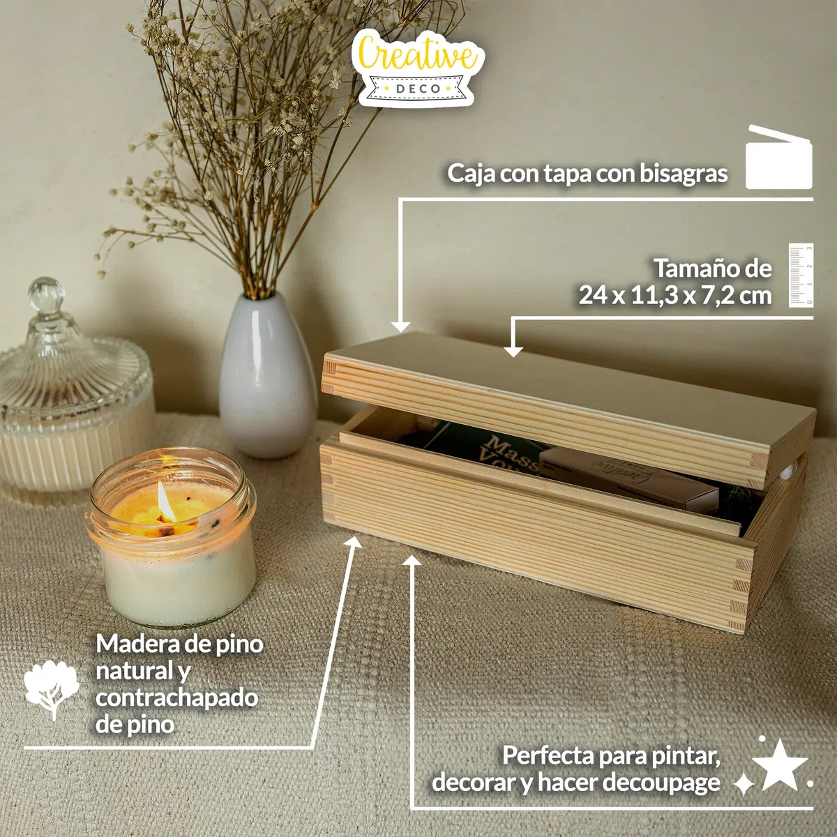 Creative DECO Larga Caja Madera para Decorar | 24 x 11,3 x 7,2 cm | con Tapa y Cerradura | Pascua Decoración Almacenaje Herramientas Decoupage | Perfecta para Objetos de Valor Juguetes