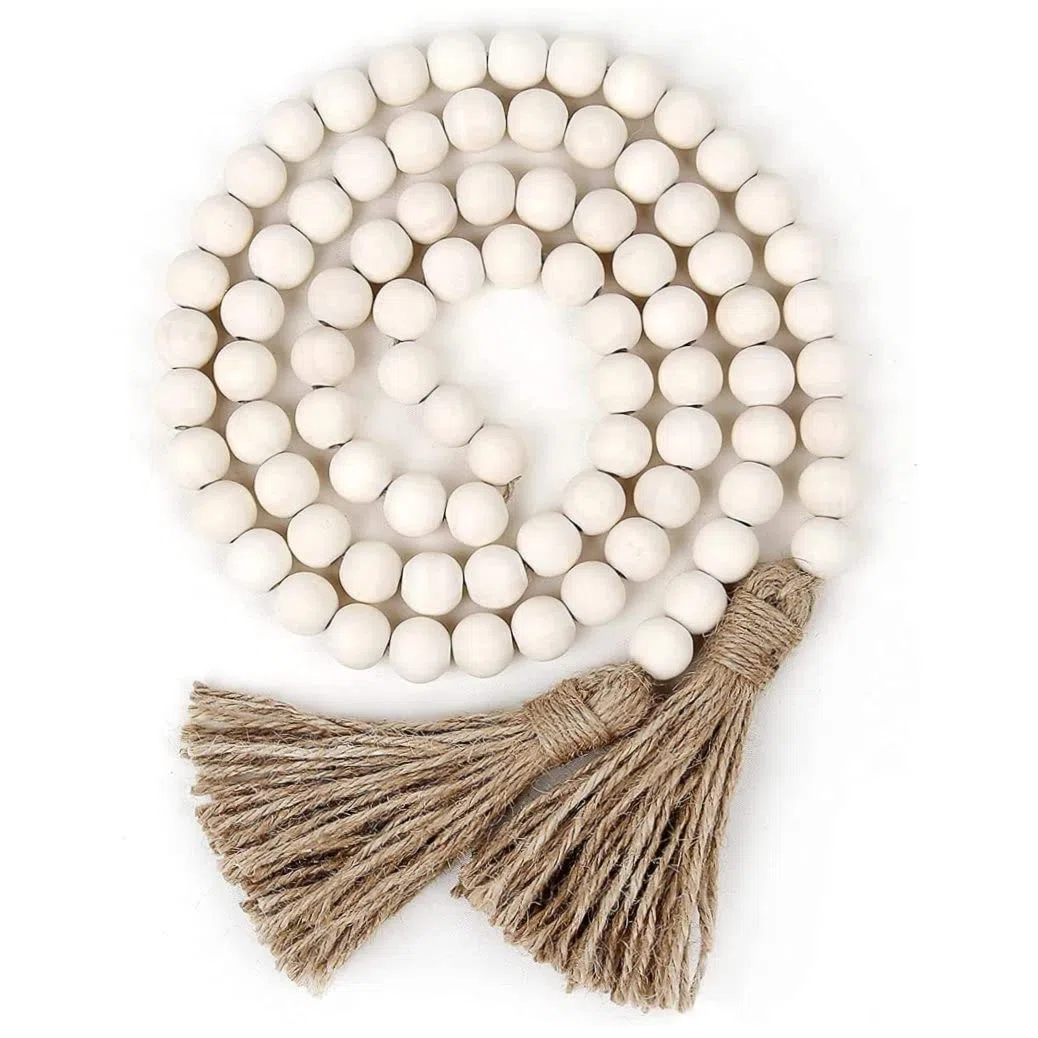 Accesorios decorativos para el hogar, guirnalda de cuentas de madera, guirnalda de borlas, 1 paquete de guirnalda de cuentas de madera de 60 pulgadas con borlas, cuentas rústicas para decoración de