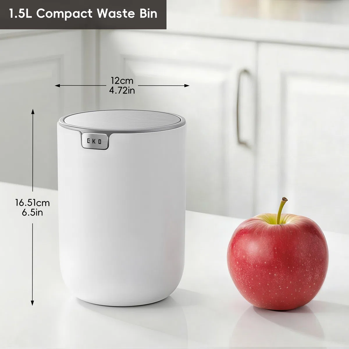 EKO Fandy - Cubo de basura de 1,5 L con tapa abatible, mesa pequeña redonda de 1,5 litros para oficina, hogar, baño, dormitorio, coche (blanco)