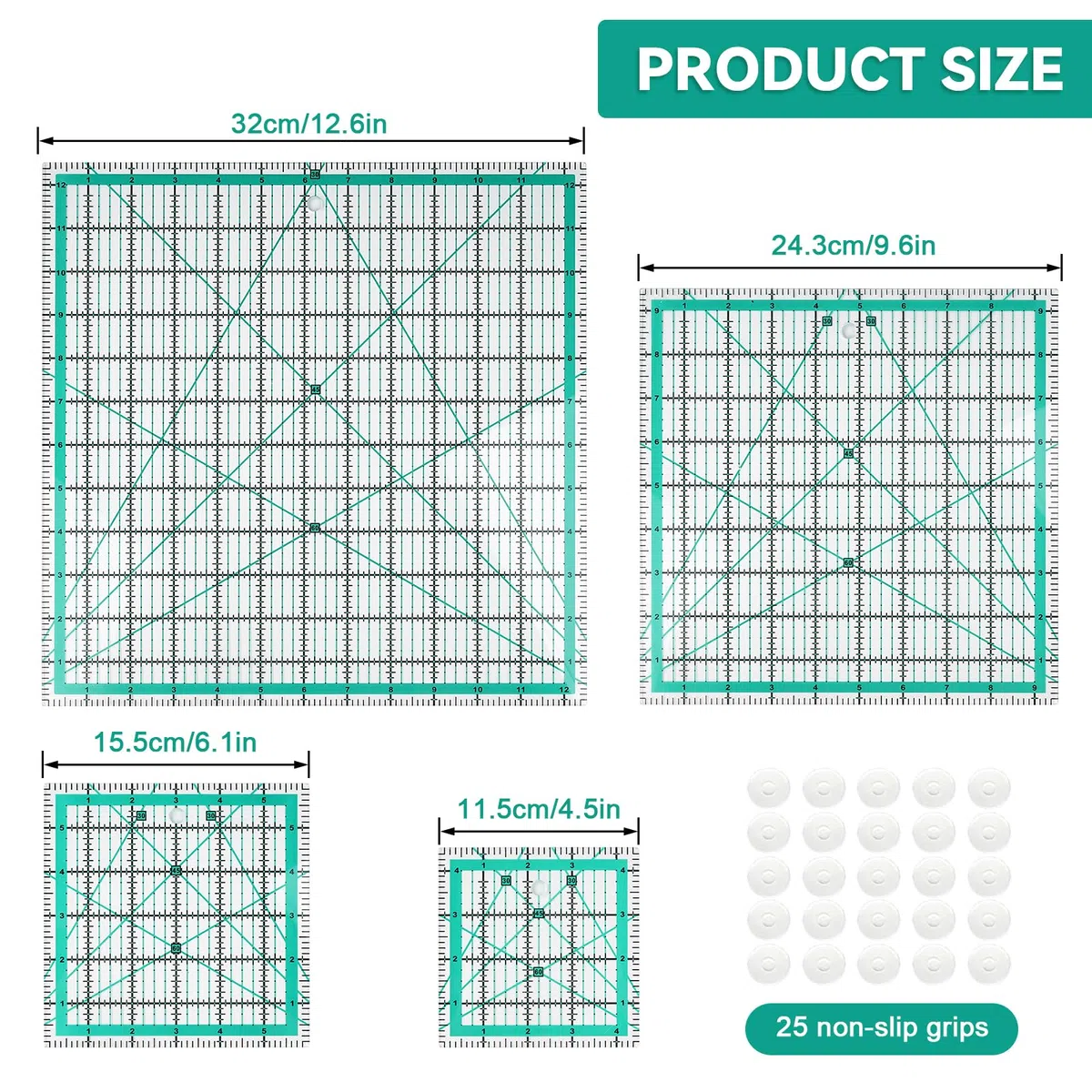 Juego de 4 reglas cuadradas para acolchar, plantillas de costura, reglas de corte de tela con 25 anillos antideslizantes, corte láser duradero para acolchar, álbumes de recortes y proyectos de