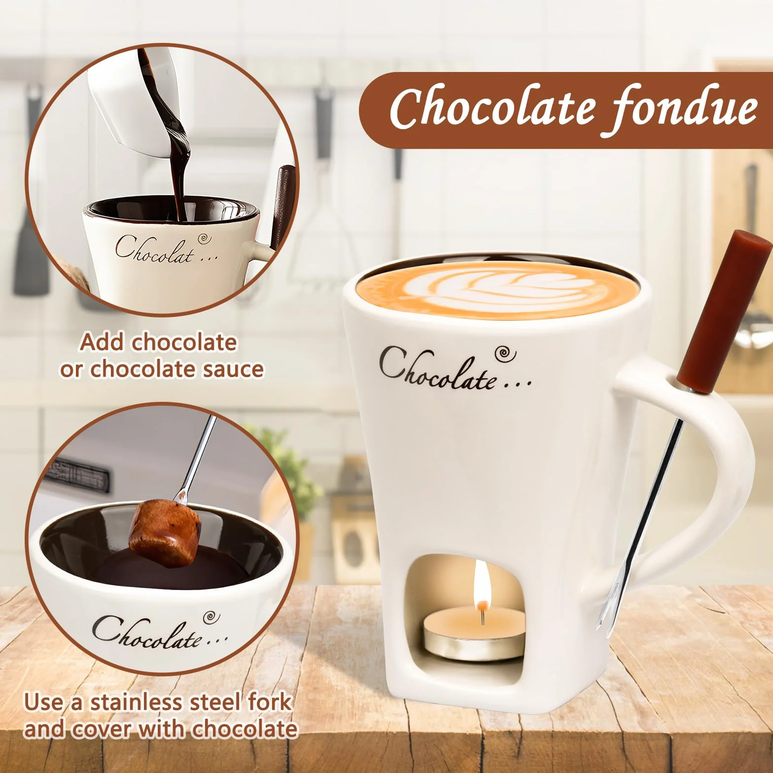 Juego de tazas de fondue de chocolate, 130 ml, taza de cerámica para fundir chocolate fondue de chocolate, taza con tenedor y vela de té para queso, chocolate, mantequilla, caramelo