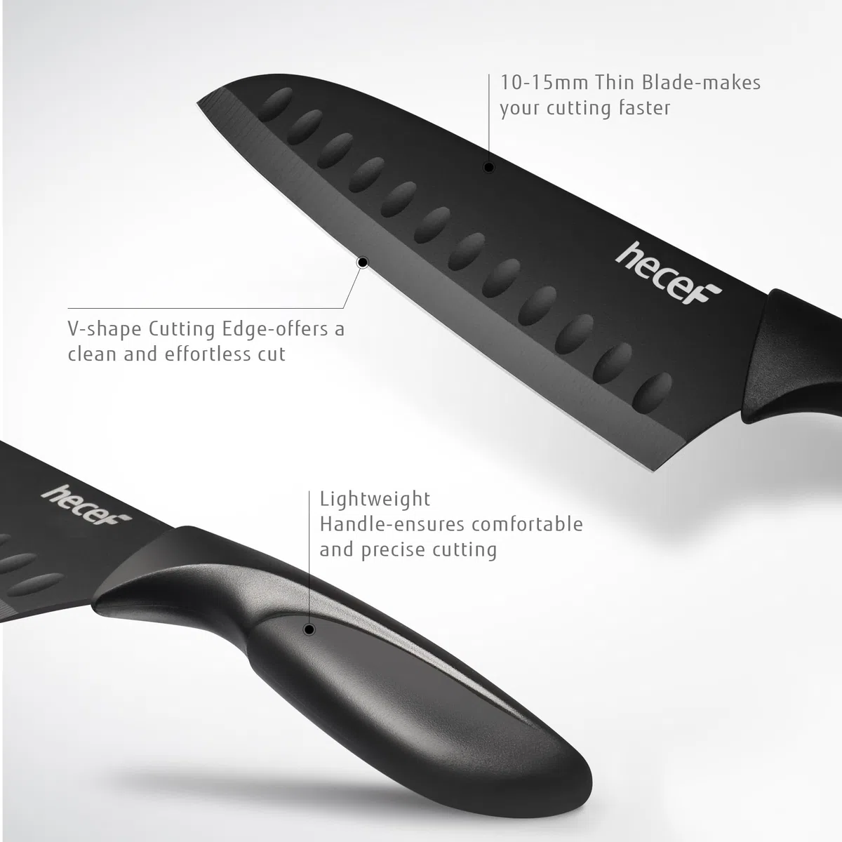 hecef Juego de Cuchillos de Cocina, 6 Piezas Cuchillos en Acero Inoxidable con Revestimiento Antiadherente, Mango Ergonómico y Funda Protectora, Aptos para Lavavajillas, Diseño Moderno para Uso Diario