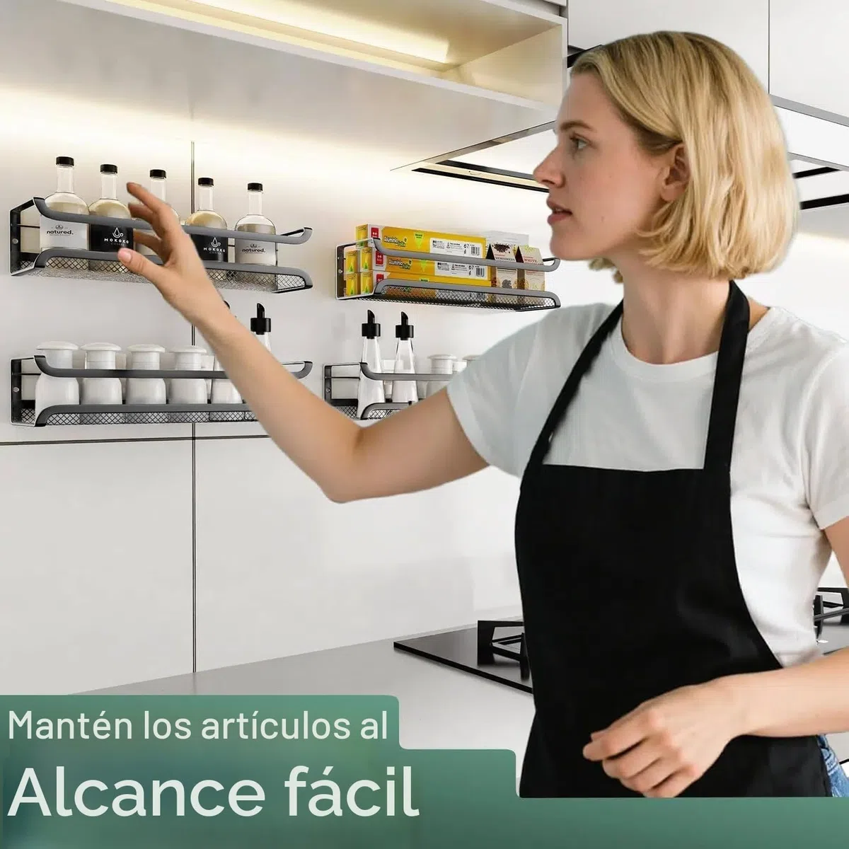 TRAYINDALY Especieros Para Cocina, 4 Piezas Especiero Pared, Organizador Cocina Con 4 Ganchos Móviles, Organizador Especias Cocina Sin Taladrar, Spice Rack Negro para Cocina Armarios y Baño