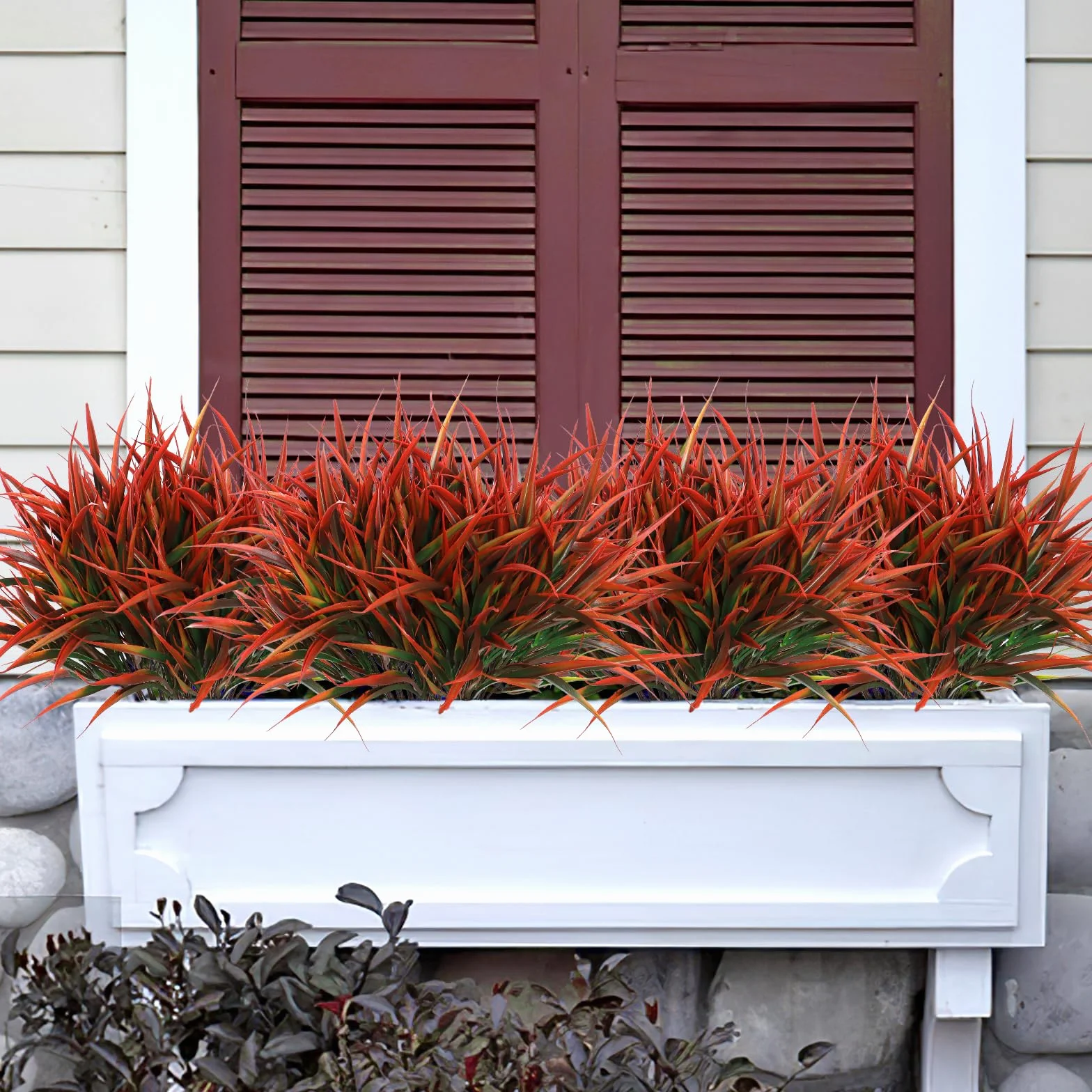 8 Pcs Plantas de Césped Artificial, Tallos de Césped Artificial para Exteriores, Arbustos de Plástico de Imitación Resistentes a los UV para Decoración de Ventanas, Patio de Jardín(Rojo)