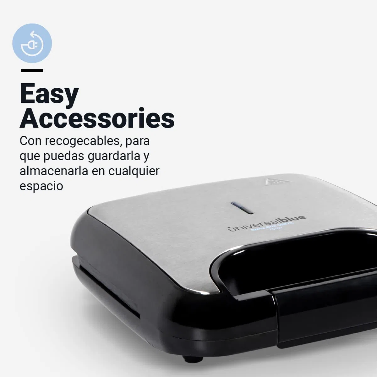 UNIVERSALBLUE Sandwichera Grill Doble 750W Potencia | Placas Antiadherentes, Temperatura Regulable 140-210ºC | Acero Inoxidable, Luz Indicadora, Recogecables | Para 2 Sándwiches, Garantía 3 Años