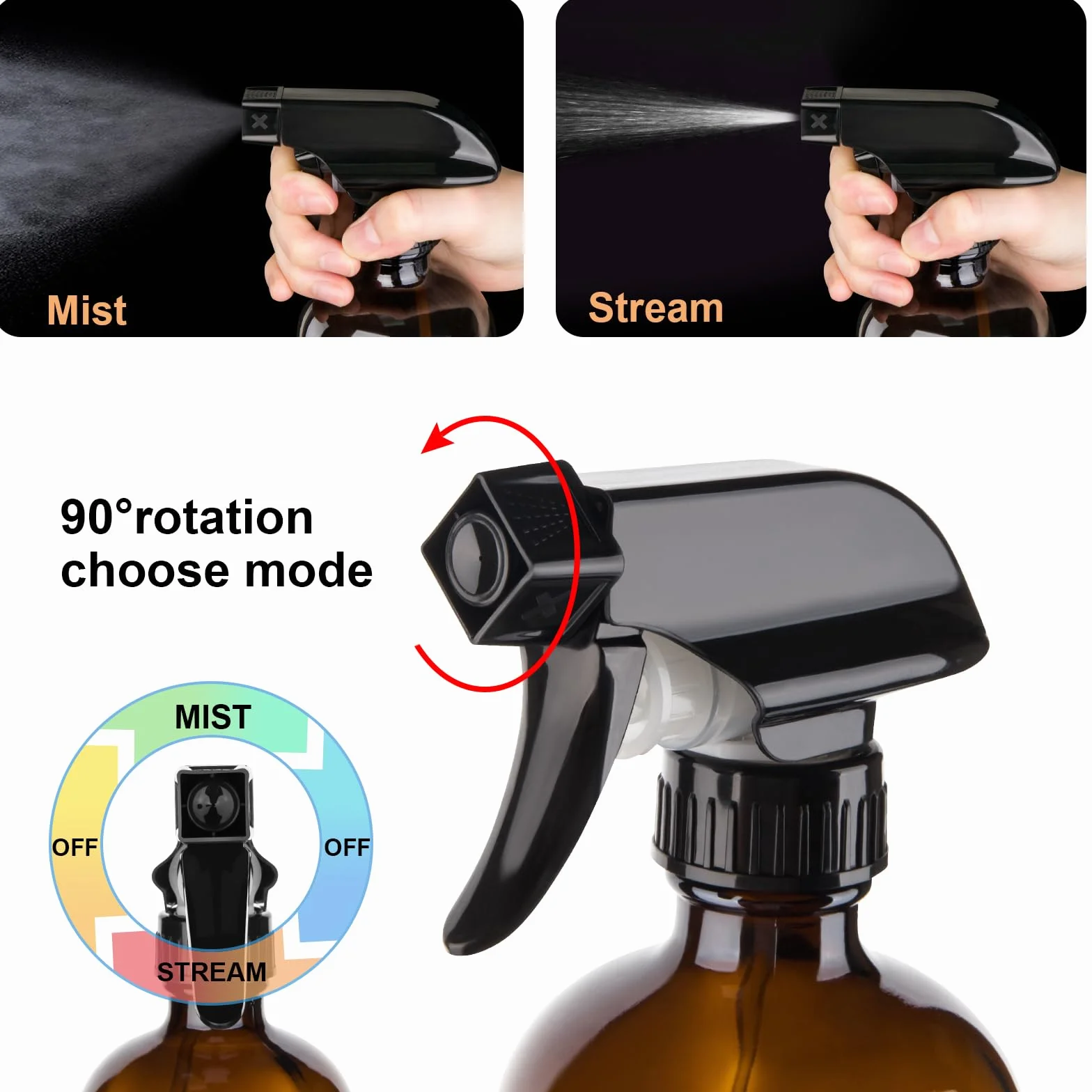 Botellas de vidrio vacías ámbar de 500 ml para limpieza, botella de spray de agua de niebla para cabello, jardinería y aceites esenciales, pulverizador de gatillo ajustable con ajustes de