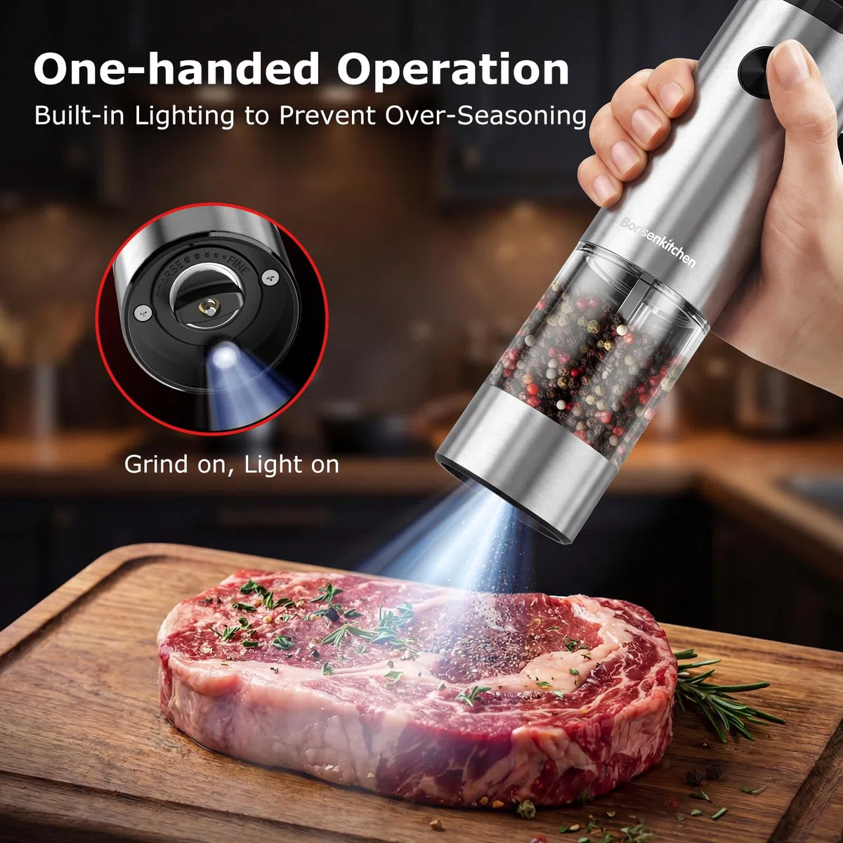 Bonsenkitchen Molinillo eléctrico de sal y pimienta, agitador de acero inoxidable con luces y grosor ajustable, funciona con pilas
