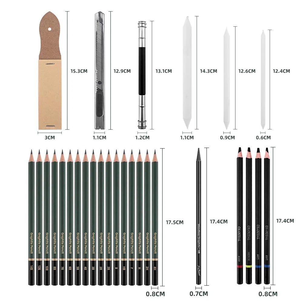 Juego de 43 Lápices de Dibujo Profesional, Set de Dibujo en Carboncillo Incluye Lápices de Carbón Lápices de Boceto, Goma de Borrar y Palo de Carbón, Perfecto para Artistas y Principiantes