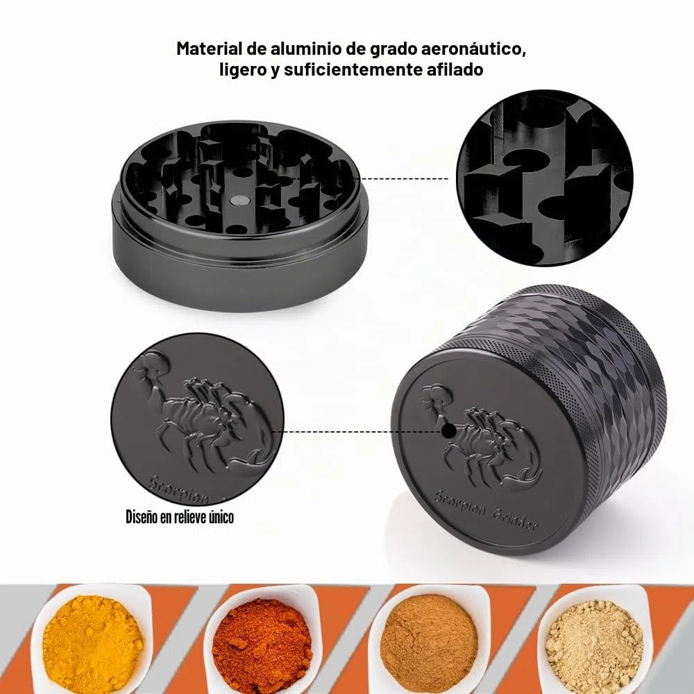 Herb Grinder, Molinillo de hierbas Premium de aluminio de 2.5 pulgadas（63mm) con escorpión grabados, 4 piezas, molinillo grande con raspador de polen (Negro)