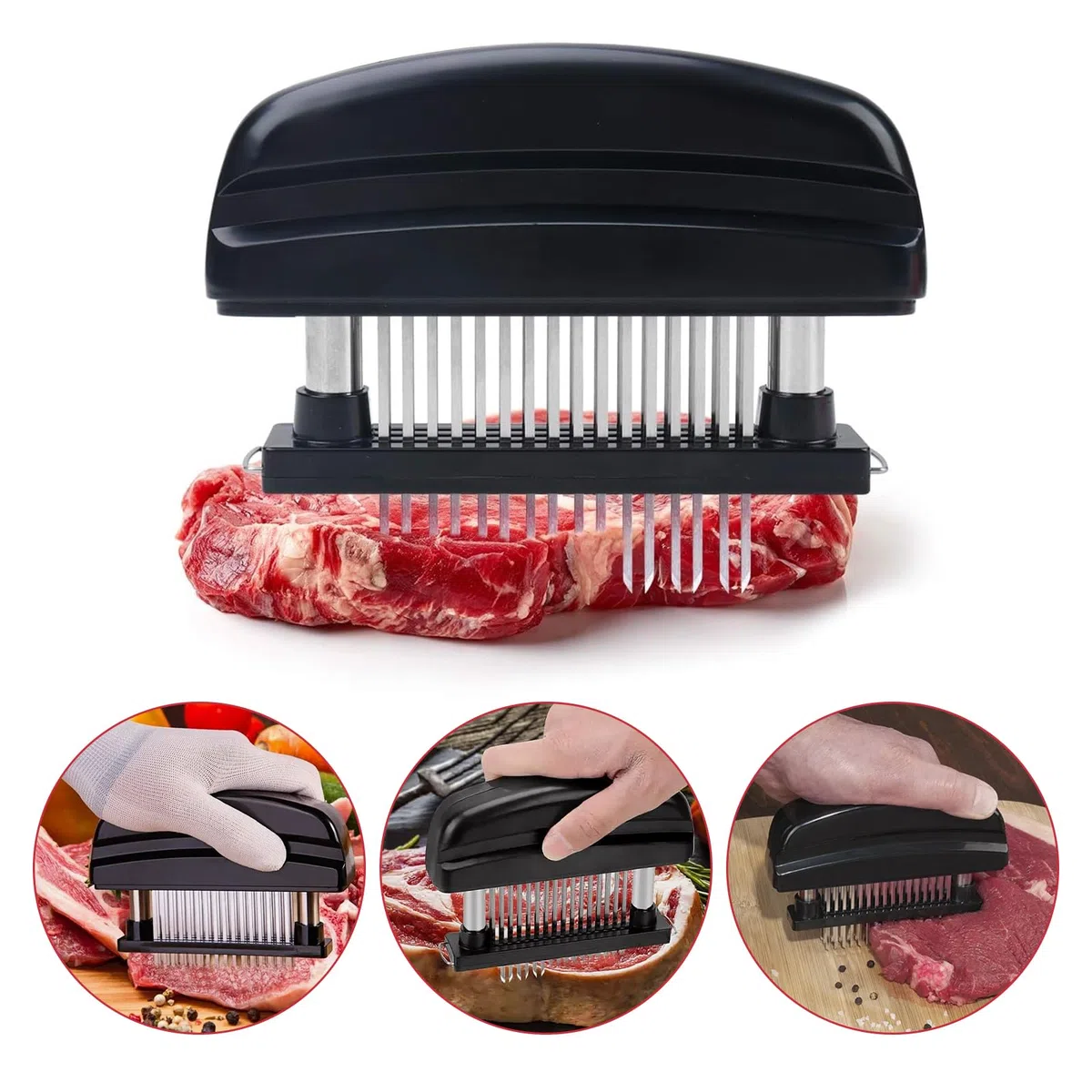 Ablandador de Carne, Meat Tenderizer, Herramienta ablandadora de Carne, Ablandador de Carne Manual con 48 Aguja, 100% Acero Inoxidable, para Carne de Res Pollo Cerdo bistec