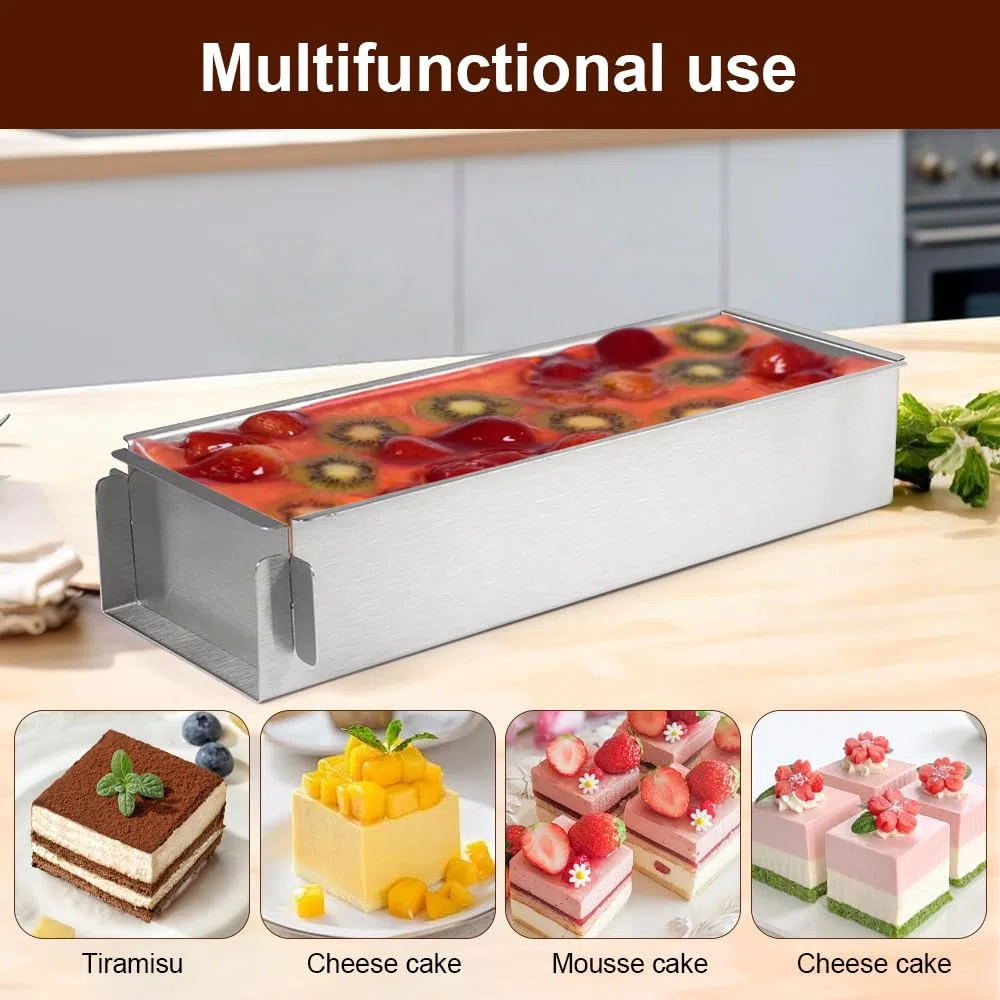 DGN Molde Rectangular de Mousse, Forma de Tiramisú de Acero Inoxidable Reutilizable Marco de Horno Rectangular Ajustable Antiadherente para Preparación de Brownie, Tarta de Queso, Panes, Tiramisú