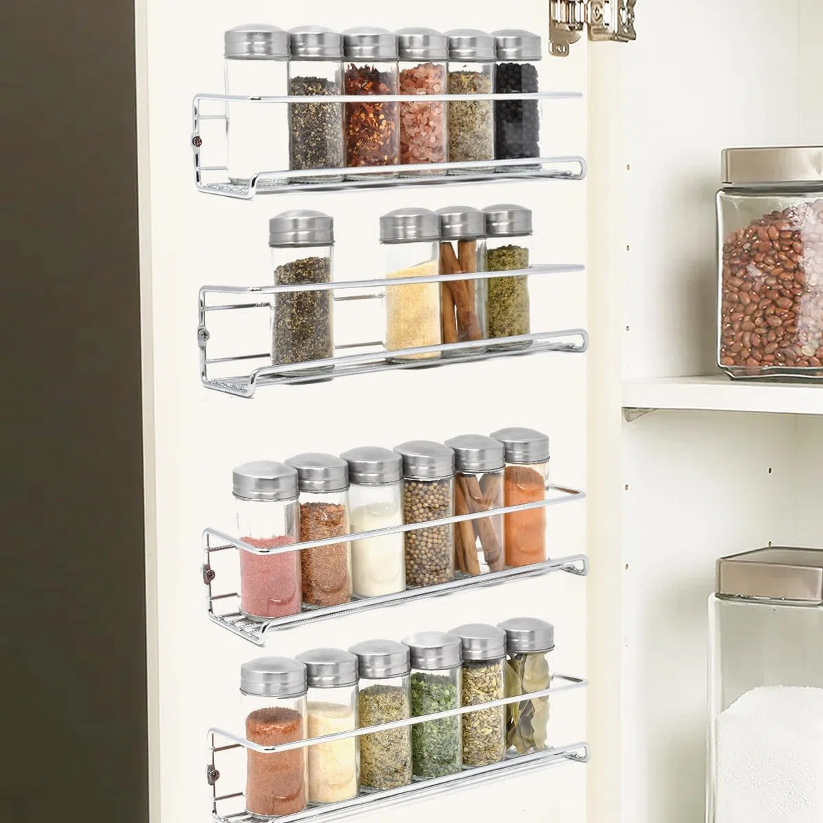 joeji's Kitchen Especiero de cuatro niveles | Especiero de cocina | Organizador de condimentos para estante de cocina | Organizador de especias para colgar en la pared | Plata