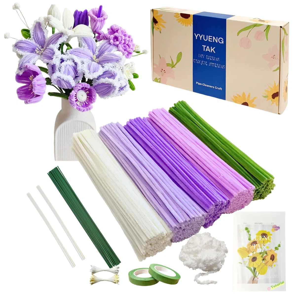 350 piezas Limpiapipas Manualidades Púrpura,Set de Limpiapipas Flores, con Instrucciones y varios accesorios, para Regalos Artesanales y Decoración del Hogar,Pipe Cleaner Flower kit