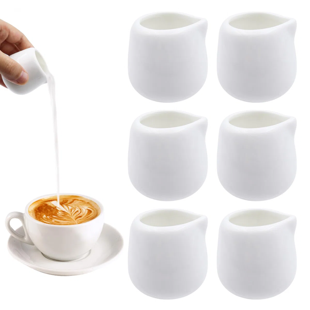 CONNECTION Mini Jarra de Leche 6 Piezas Mini Jarras de Crema Sin Asa 50 ml Mini Jarra de Leche Porcelana Jarra para Cremar Leche Pequeñas para Leche,Café,Salsa,Cremar,Cafeterías,Hoteles (Blanco)