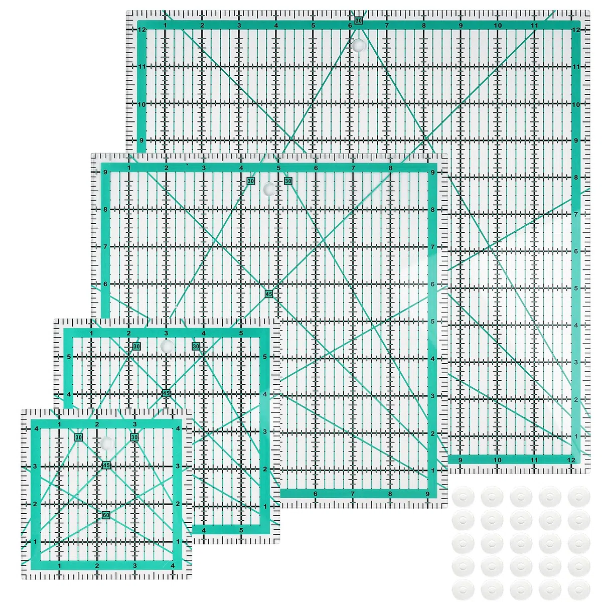 Juego de 4 reglas cuadradas para acolchar, plantillas de costura, reglas de corte de tela con 25 anillos antideslizantes, corte láser duradero para acolchar, álbumes de recortes y proyectos de