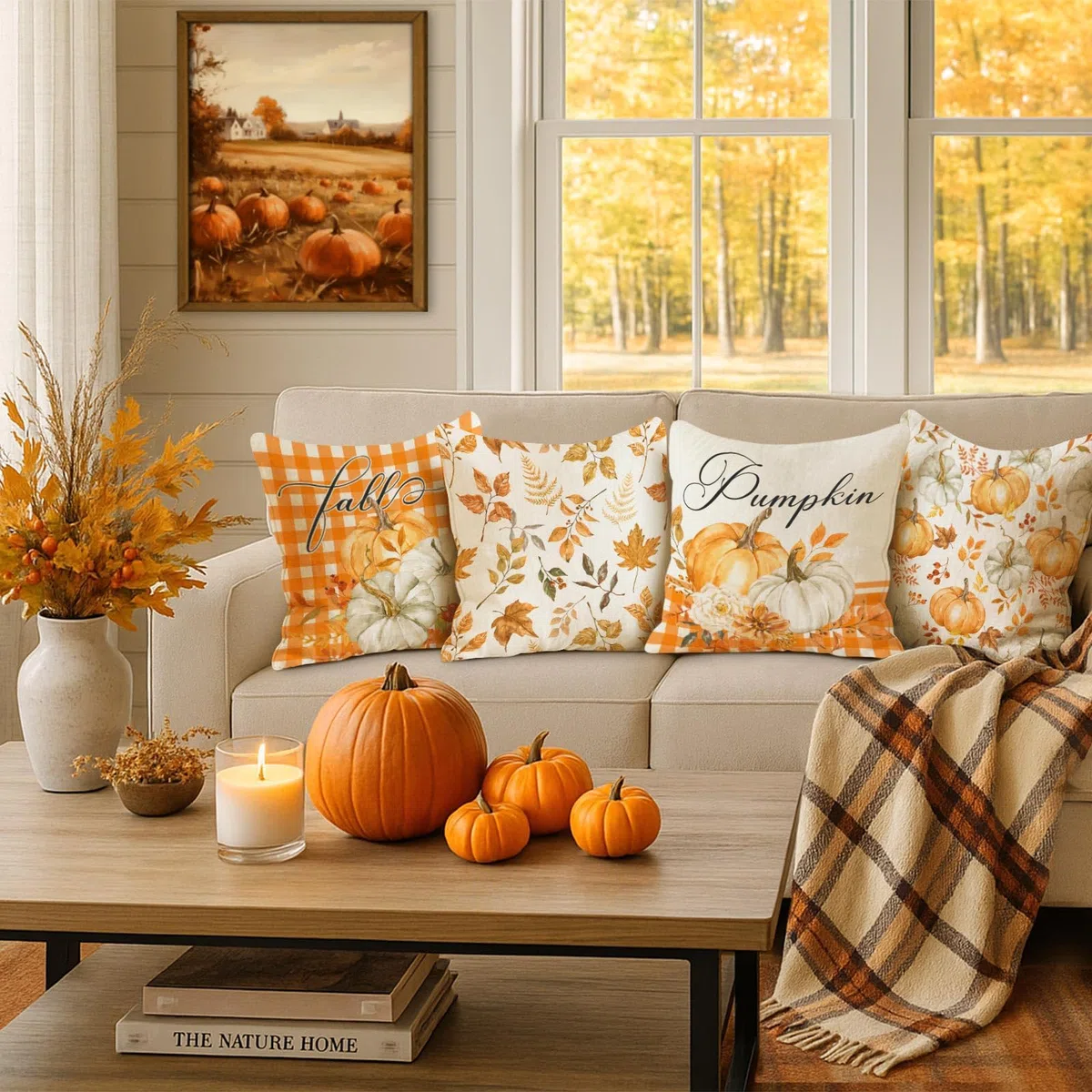 Benjia Juego de 4 Fundas de cojín de otoño de 45x45 cm, Hojas caídas Calabaza Fundas de Almohada de otoño Cubiertas de Almohadas 45 x 45 cm para Acción de Gracias Halloween Home Sofá-Naranja