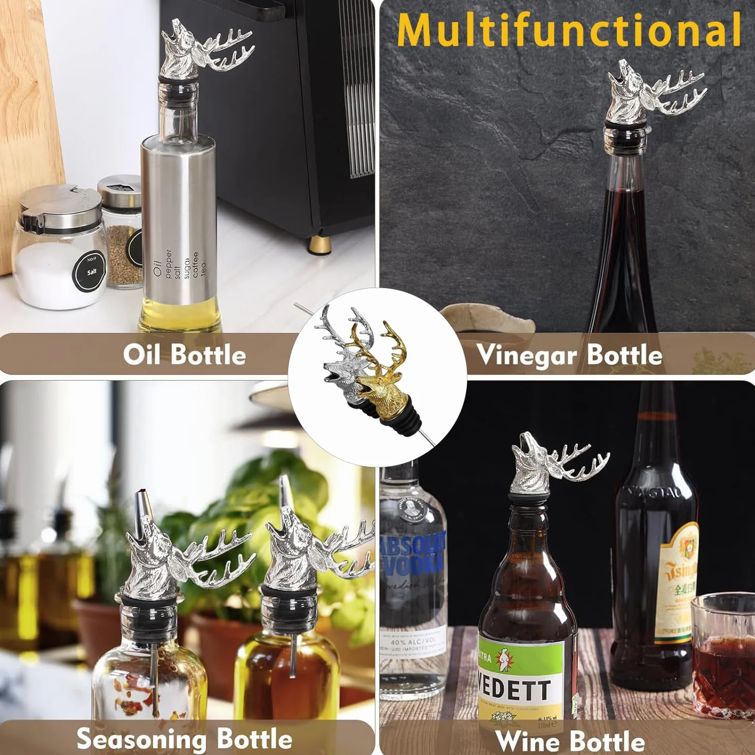 Juego de 2 Vertedores de Alcohol, Vertedor Botellas de Vino Ciervo Metal, Creativo Tapones Decorativos Para Botellas de Vino, Herramientas Del Vino, Pitorro Para Botella de Aceite (Oro y Plata)