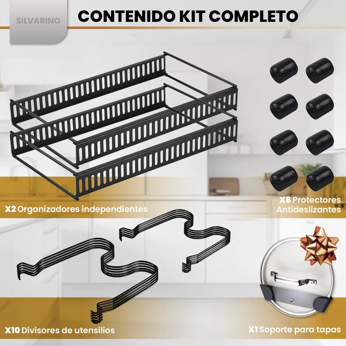 organizador sartenes y ollas cajon - 10 compartimentos y un soporte adhesivo para tapas - organizador de platos para armario y cajones de cocina