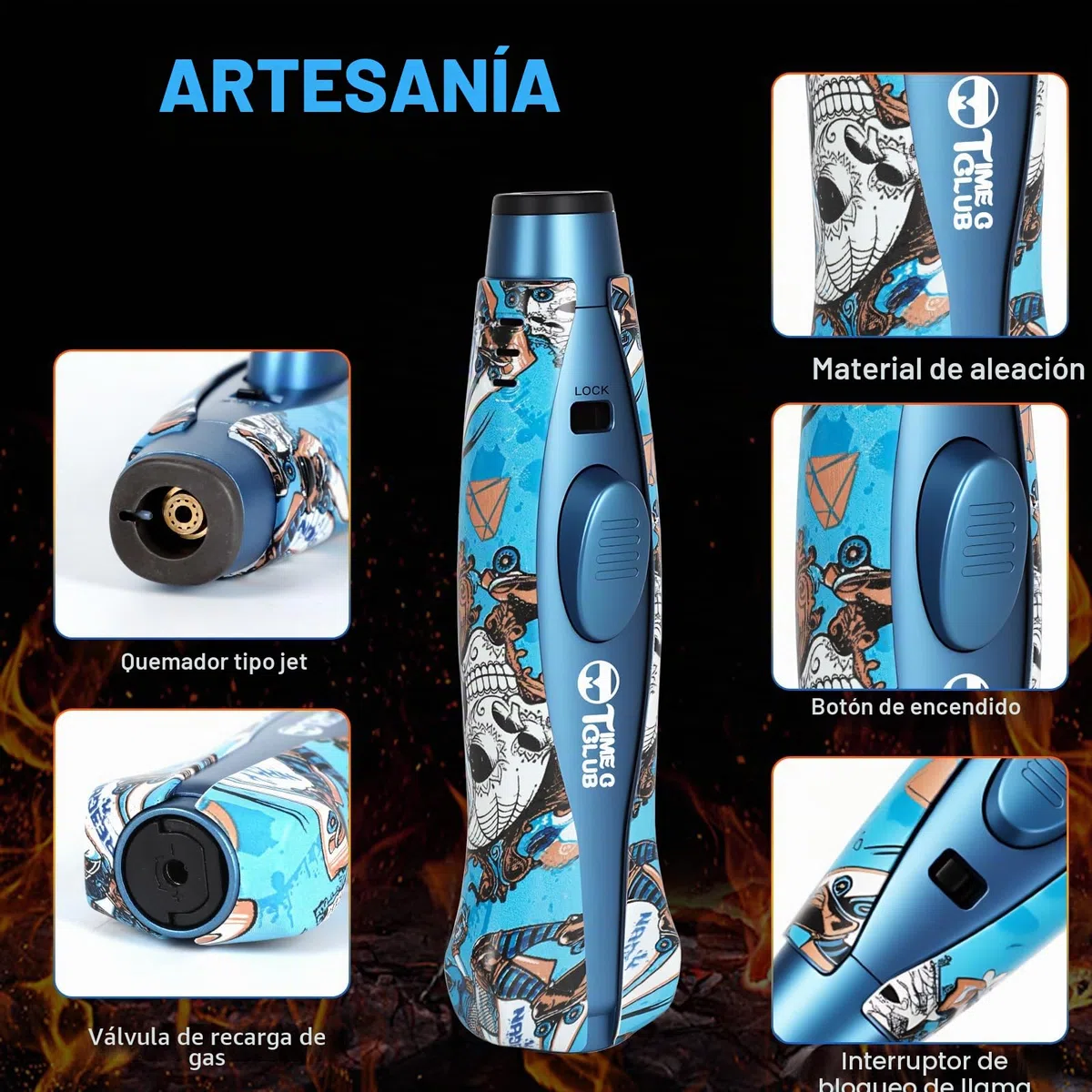 Quemador de butano, quemador de butano recargable con cierre de seguridad, llama ajustable, quemador de cocina, diseño a prueba de viento, cocinar, exterior, barbacoa (butano no incluido) (azul)