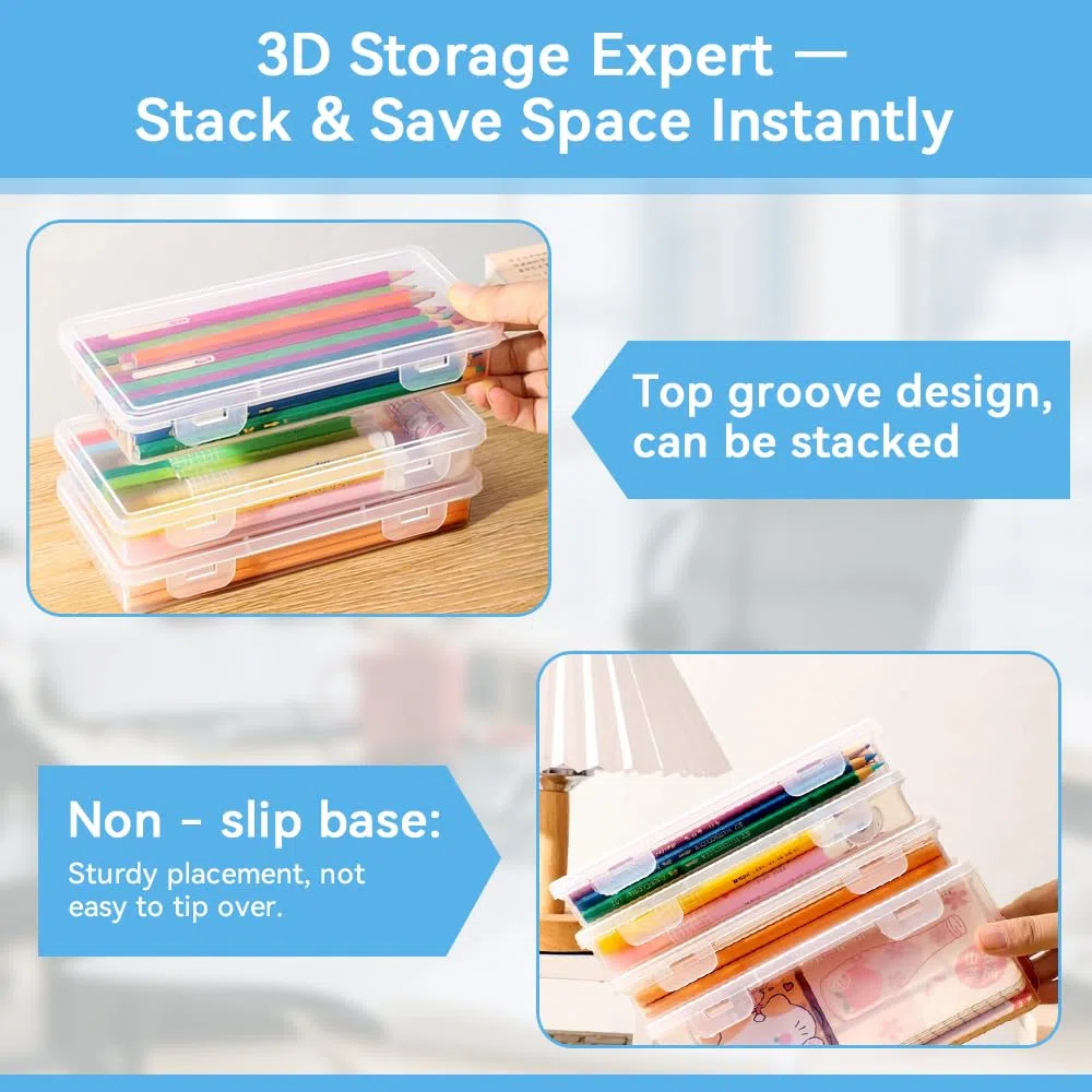 4 PCS Caja Organizadora Lapices, Estuche Rígido Plastico, Cajas de Plastico Apilables para Lápices, Estuche de Lapices de Plástico para Rotuladores Papelería Suministros Escolares, Oficina