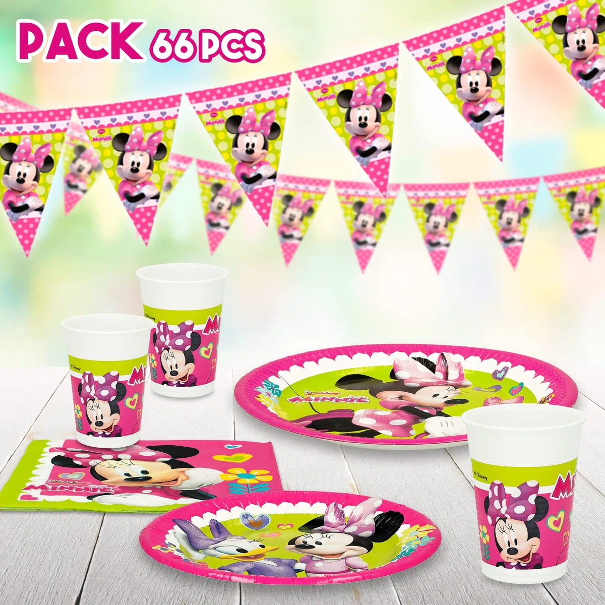 Disney - Set de fiesta Minnie Mouse, Decoración cumpleaños Minnie Mouse, Kit fiesta de cumpleaños, Vajilla infantil desechable, (globos, platos, banderines, vasos, servilletas), 8 comensales, (71994)