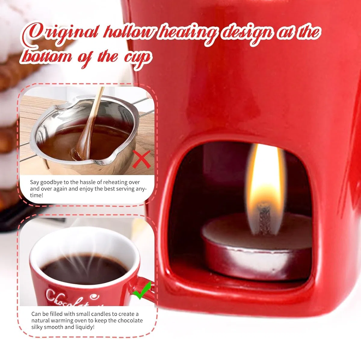 Genérico Taza para Fondue de Chocolate con Tenedores, Taza para Derretir Chocolate para Chocolate, Queso y Postres. Regalo Ideal para Citas Nocturnas, Cumpleaños, Aniversarios y Bodas (Rojo)