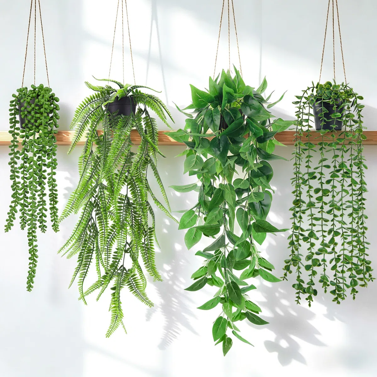 Der Rose 4 piezas de plantas artificiales colgantes, vid de hiedra falsa, eucalipto artificial, helecho Boston, cadena de perlas para la estética de la sala de estar, dormitorio, cocina, decoración de