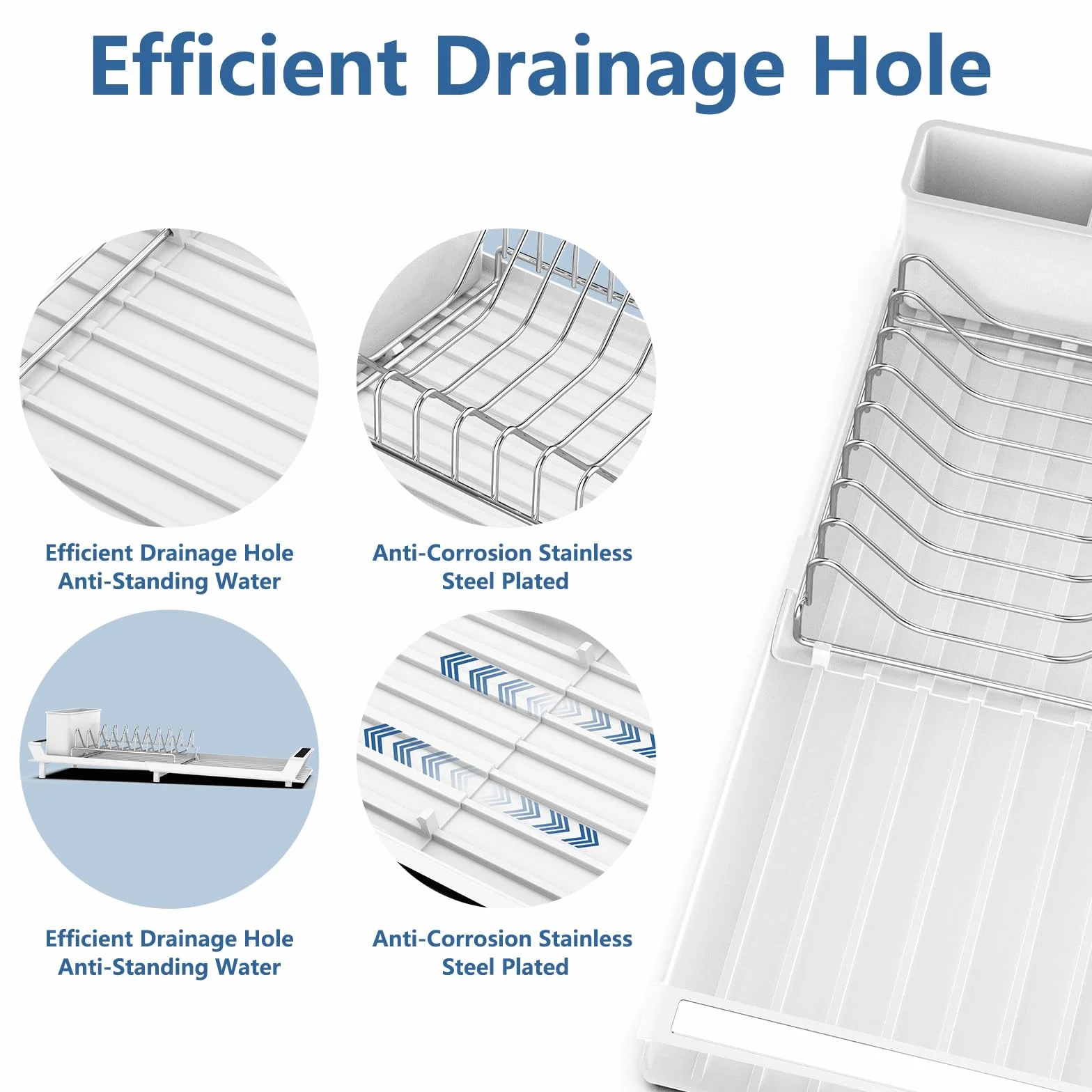 Escurridor de Platos, Escurreplatos Blanco de Acero Inoxidable para Fregadero con Soporte para Cubiertos Extraible, Escurreplatos Plegable Extensible y Compacto - Blanco
