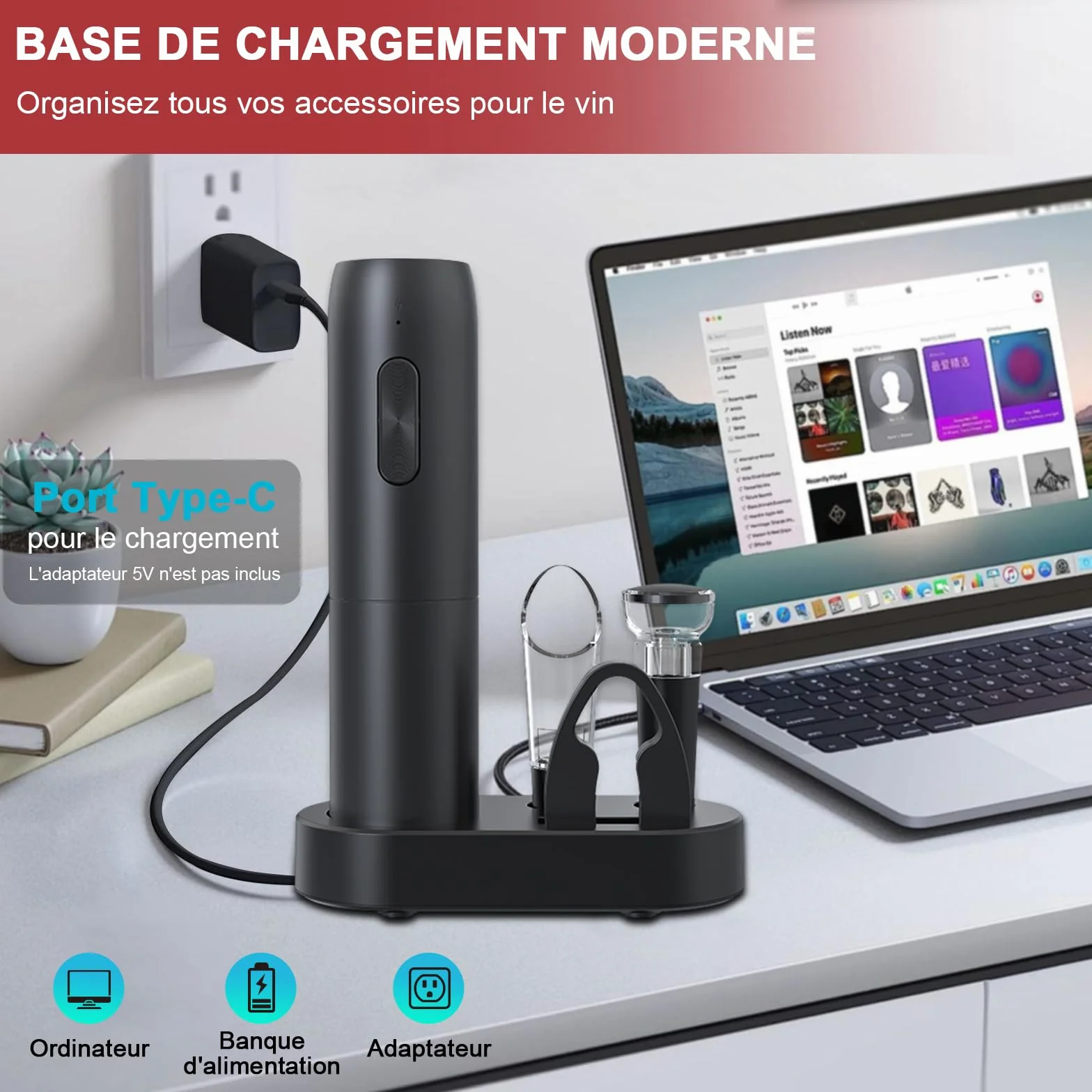 UCAMP Sacacorchos Eléctrico Recargable,Abridor de Vino Eléctrico 6 en 1 Juego de Regalo,Abrebotellas Eléctrico con Base,Cortacápsulas,Vertedor y Tapón de Vacío,Cable USB,Regalo de para Los Amantes