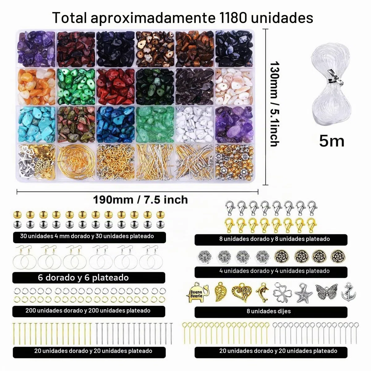 Juego de cuentas de piedras preciosas naturales de 5 a 8 mm, 1180 cuentas irregulares de piedra natural con agujero, juego de manualidades para pulseras, collares, pendientes y anillos para enhebrar