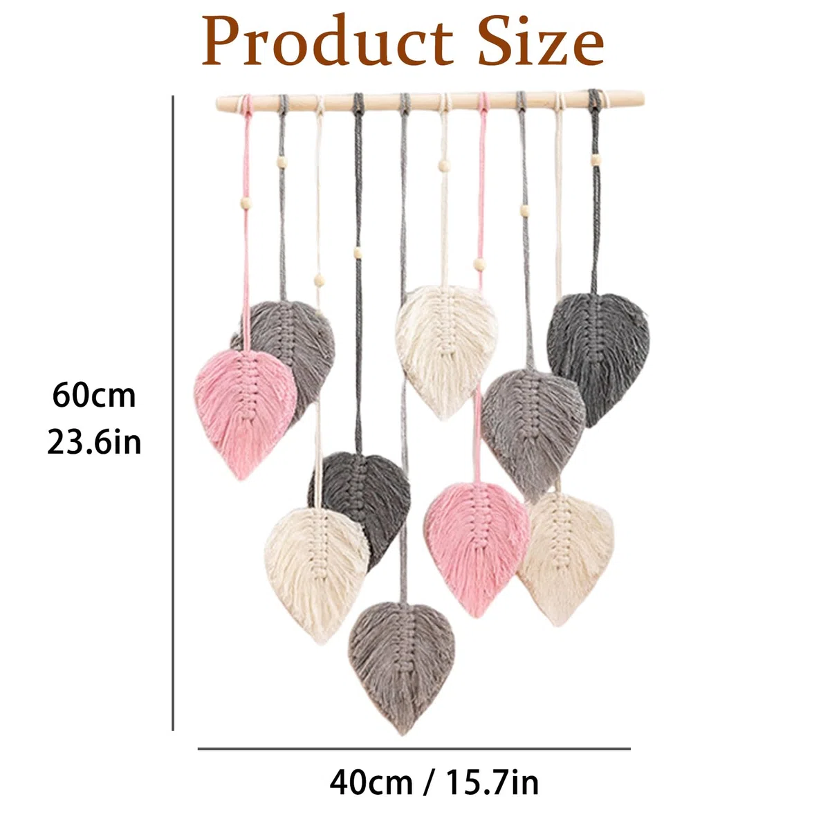CCAIPU Tapiz Pared de Macramé, Tapiz Tejido con Hojas de Bohemia, Hecho a Mano, Decoración de Pared con Plumas y Hojas para Sala de Estar, Dormitorio y Hogar (Gris Rosa)